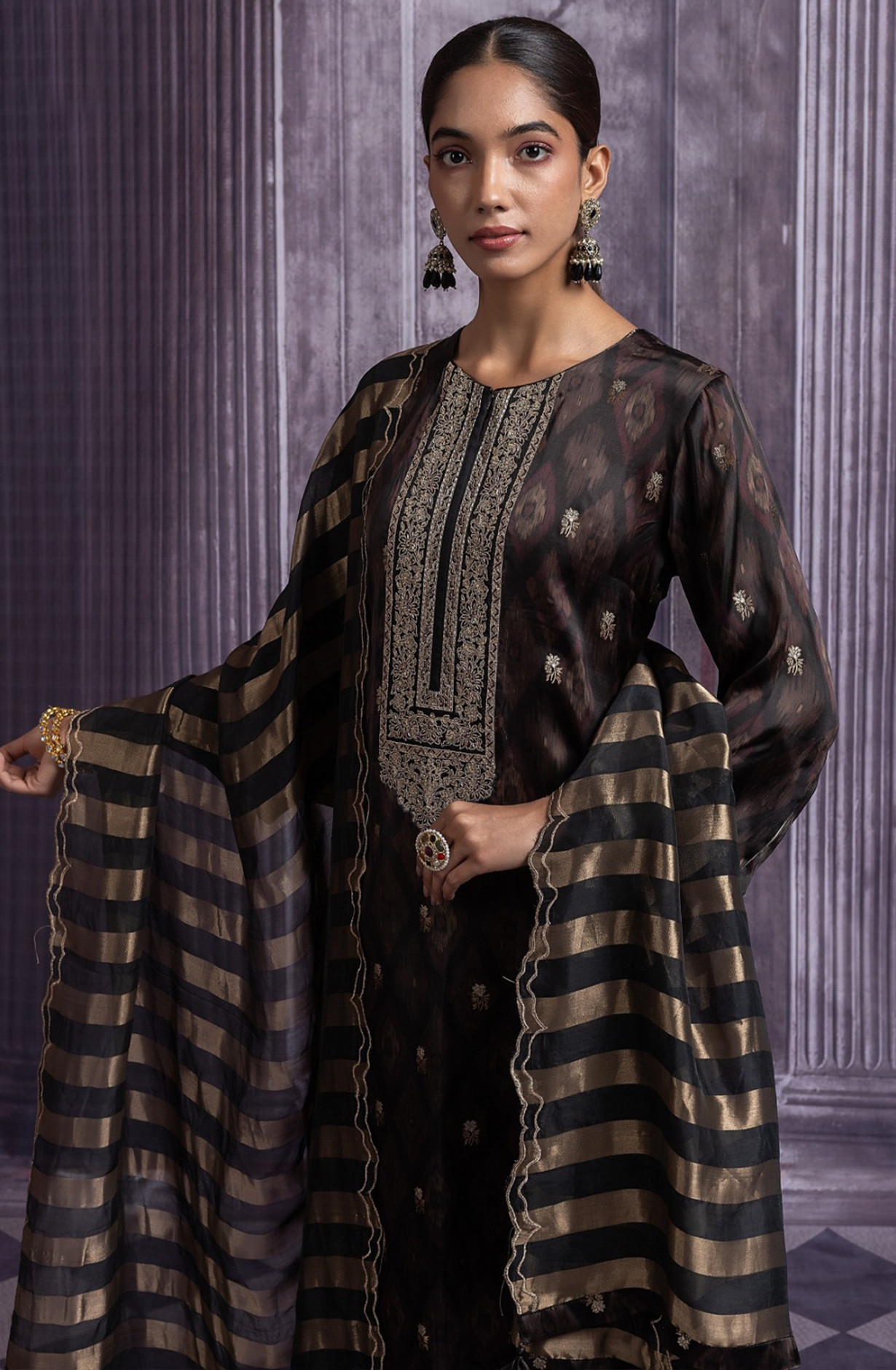 Black Silk Jacquard Suit Set with Organza Silk Dupatta - R157-SPR2491A