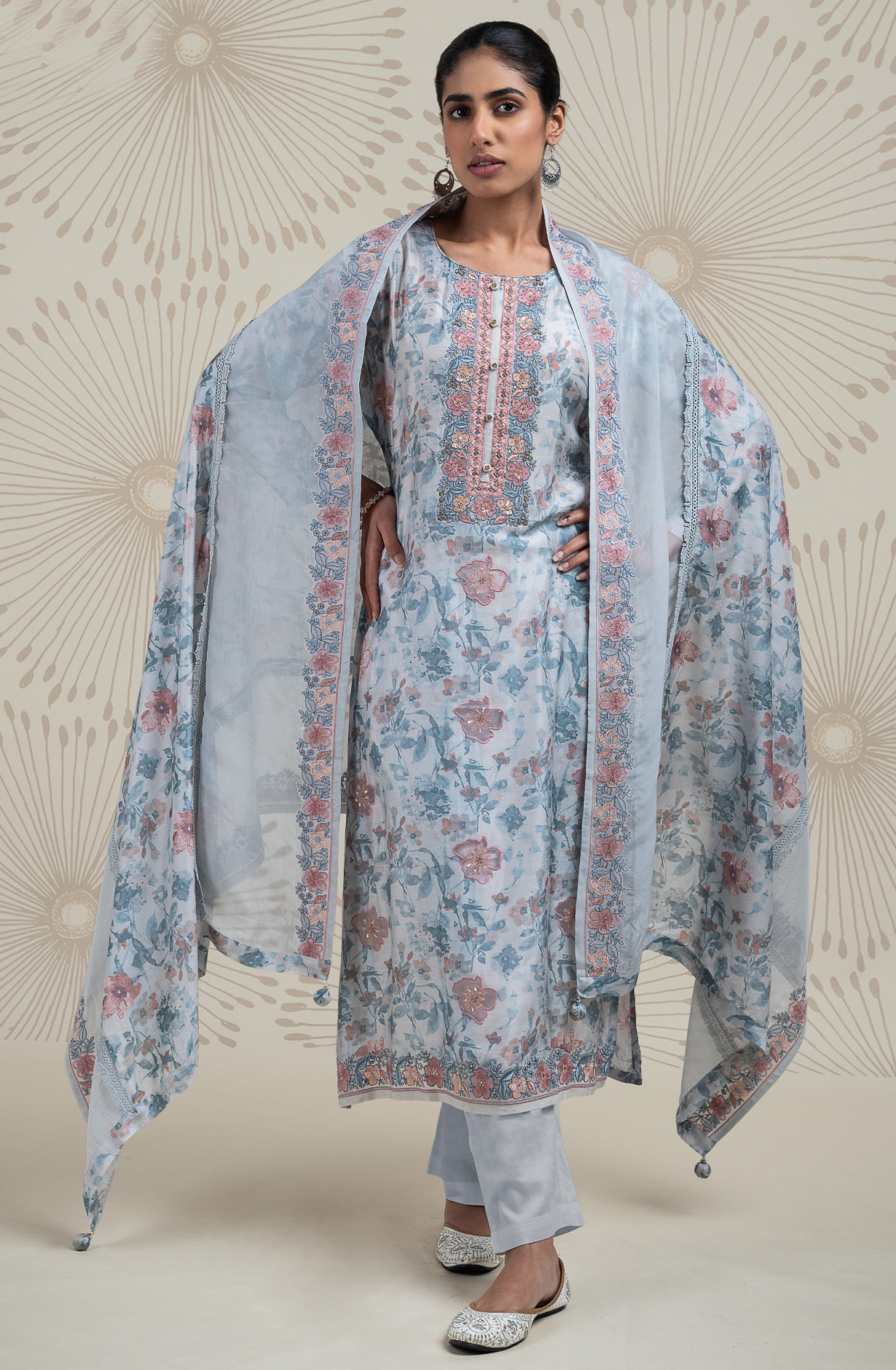Blue  Muslin Printed Suit with Organza Dupatta - R157-SPRKSR13