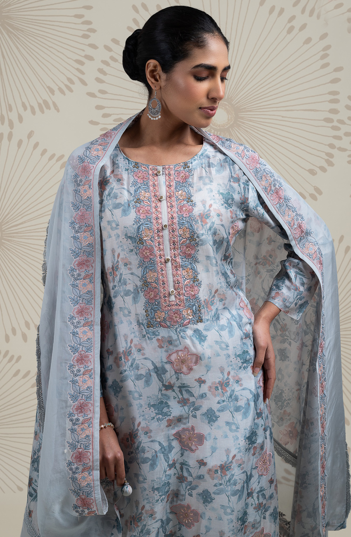 Blue  Muslin Printed Suit with Organza Dupatta - R157-SPRKSR13