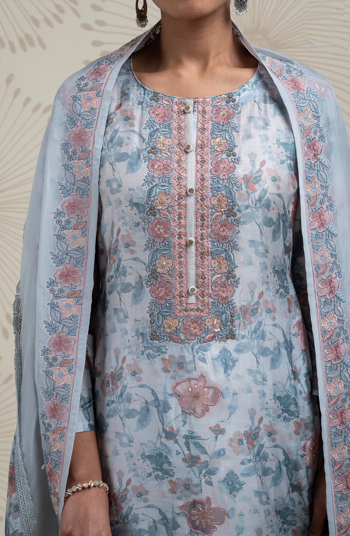 Blue  Muslin Printed Suit with Organza Dupatta - R157-SPRKSR13