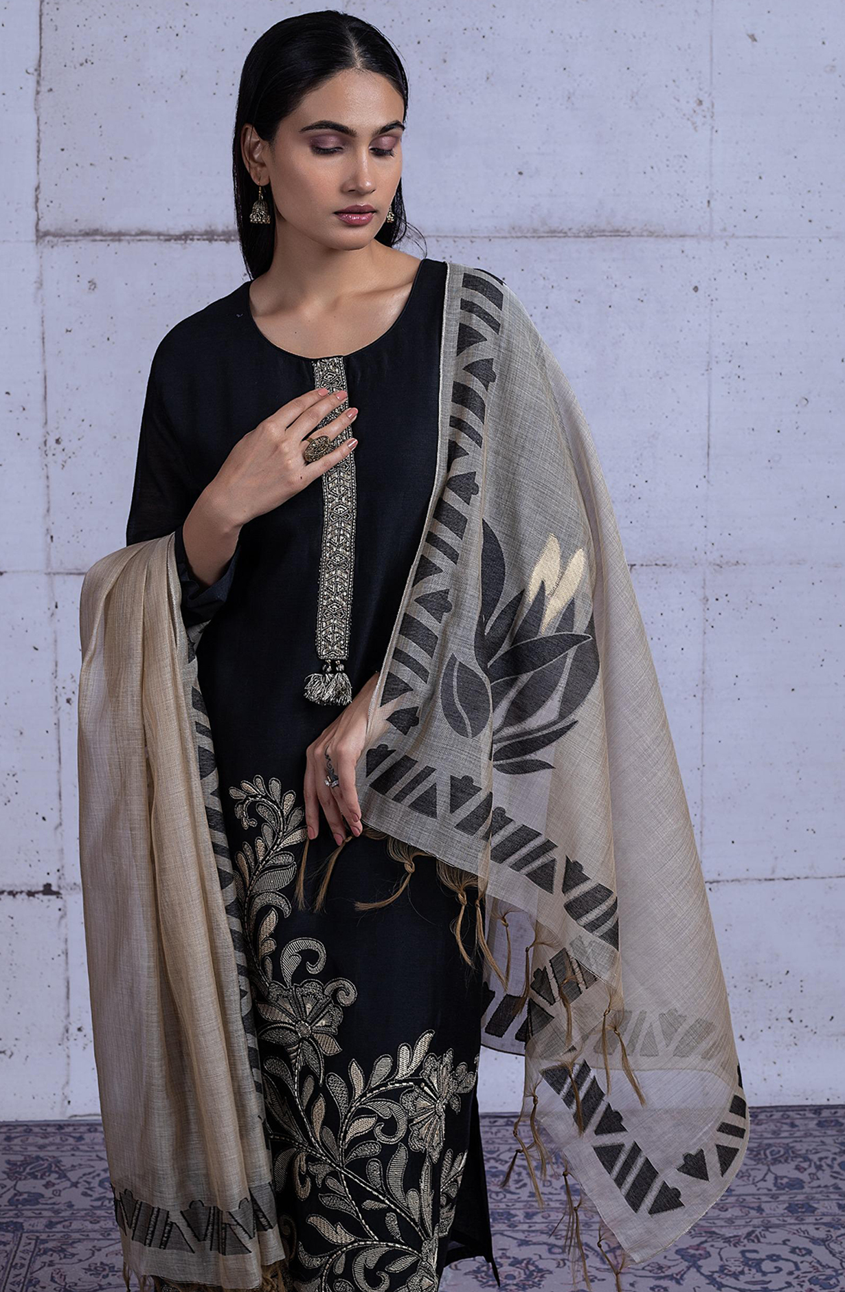Black Linen Embroidered Suit with Linen Dupatta - R157-SPRKSR25