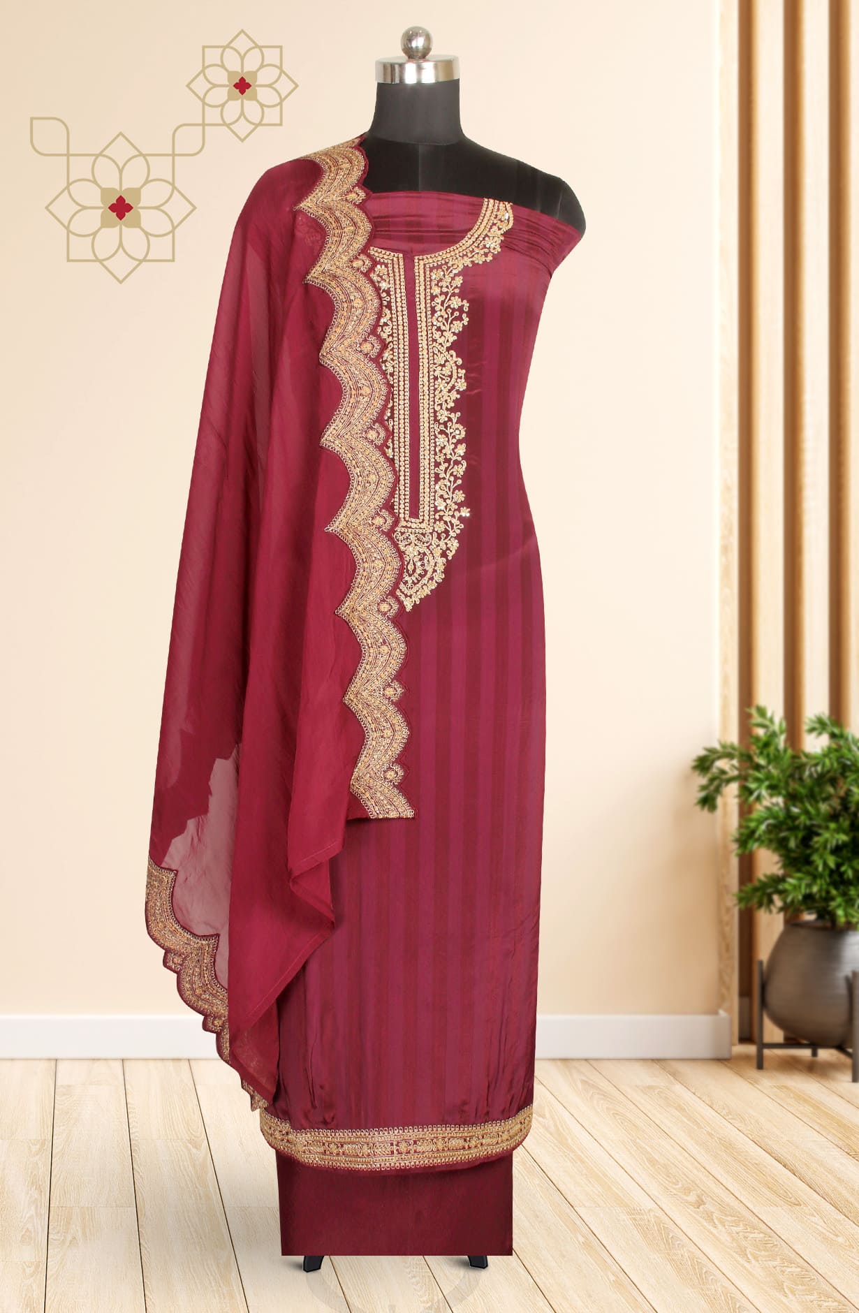 Wine Muslin Silk Exclusive Unstitched Suit-set with Organza Dupatta - R157-SPR1279A