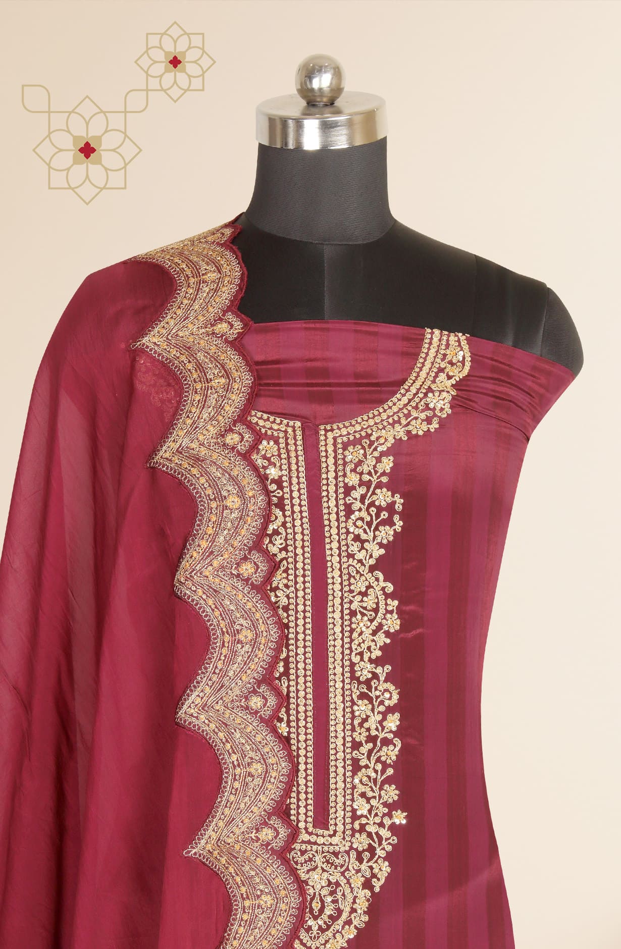 Wine Muslin Silk Exclusive Unstitched Suit-set with Organza Dupatta - R157-SPR1279A
