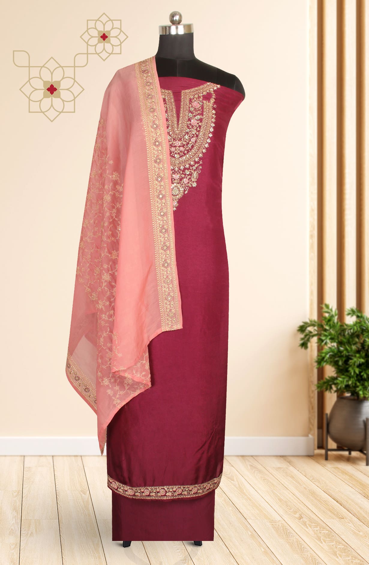 Wine Russian Silk Exclusive Unstitched Suit-set with Organza Dupatta - R157-SPR1281B