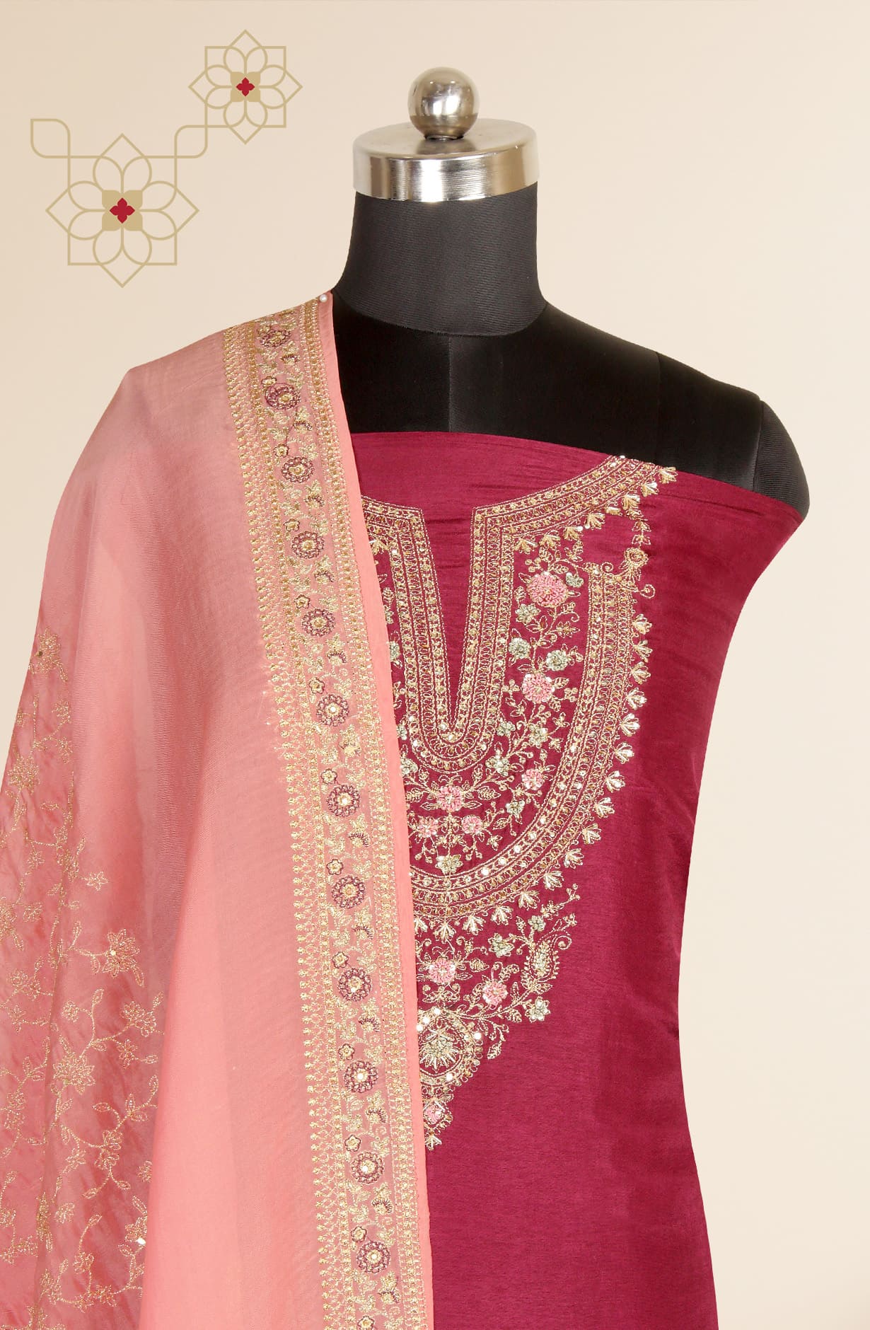 Wine Russian Silk Exclusive Unstitched Suit-set with Organza Dupatta - R157-SPR1281B