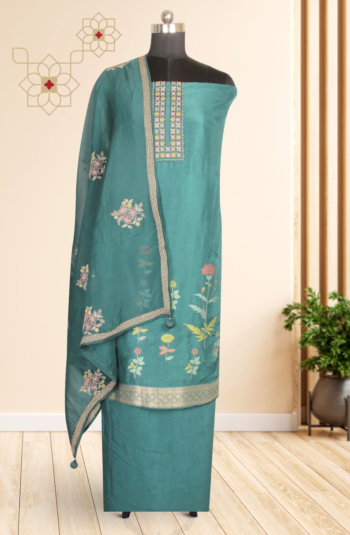 Bottle Green Russian Silk Exclusive Unstitched Suit-set with Organza Dupatta - R157SPR-1317