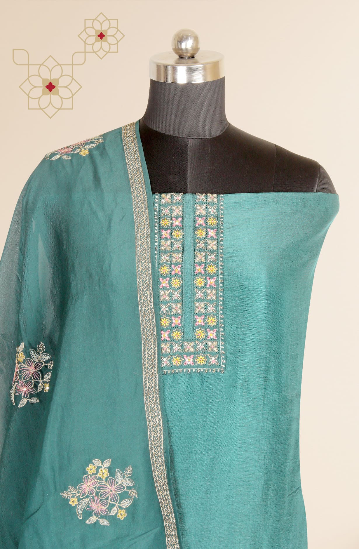 Bottle Green Russian Silk Exclusive Unstitched Suit-set with Organza Dupatta - R157SPR-1317