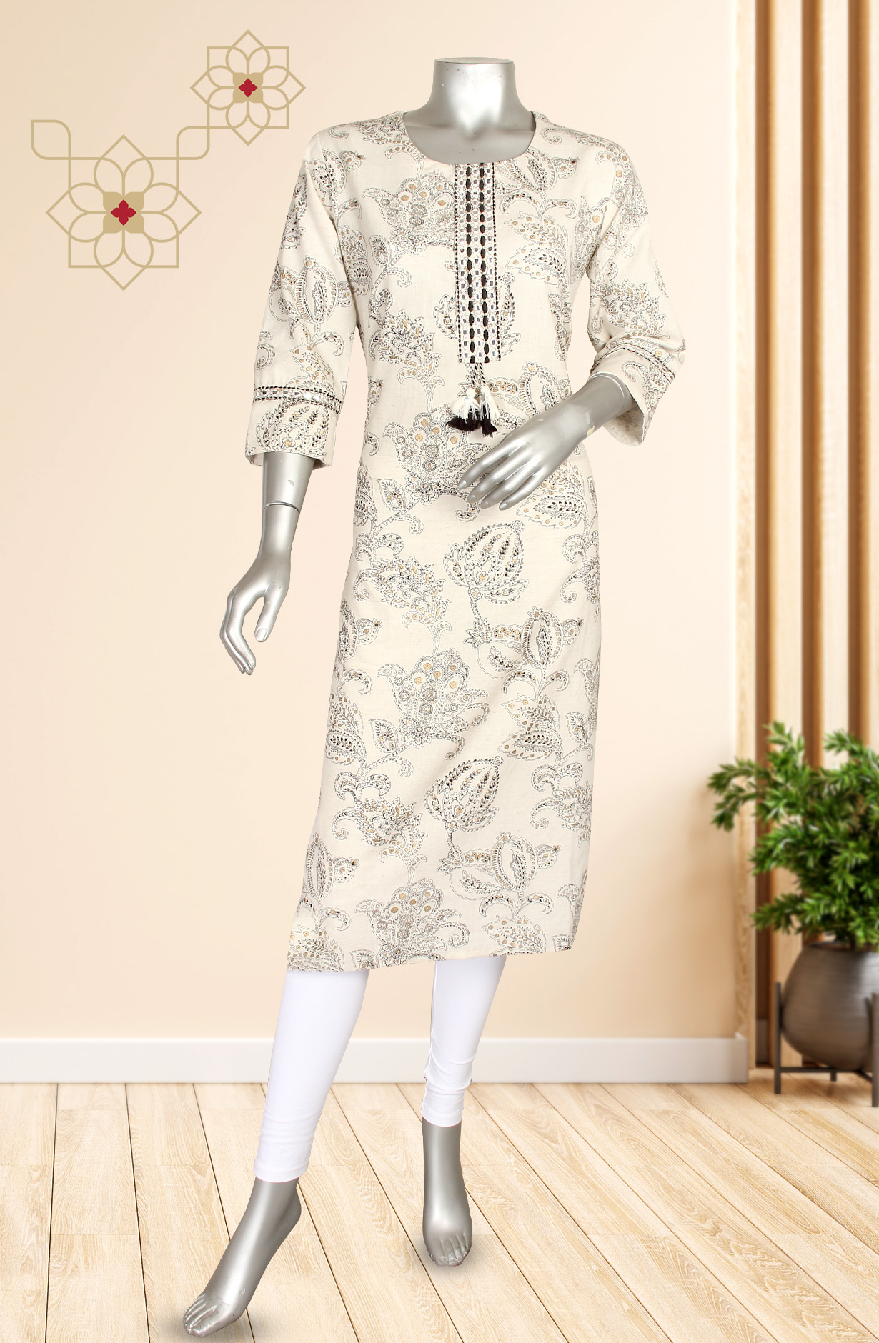 Off-White and Black Women A-Line Printed Cotton Kurti - R180-AMIKA