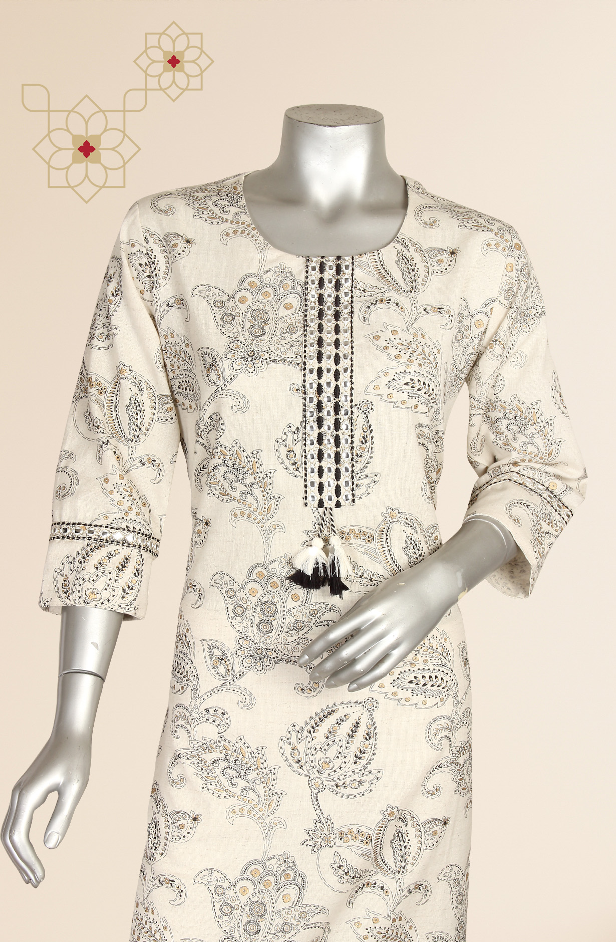 Off-White and Black Women A-Line Printed Cotton Kurti - R180-AMIKA