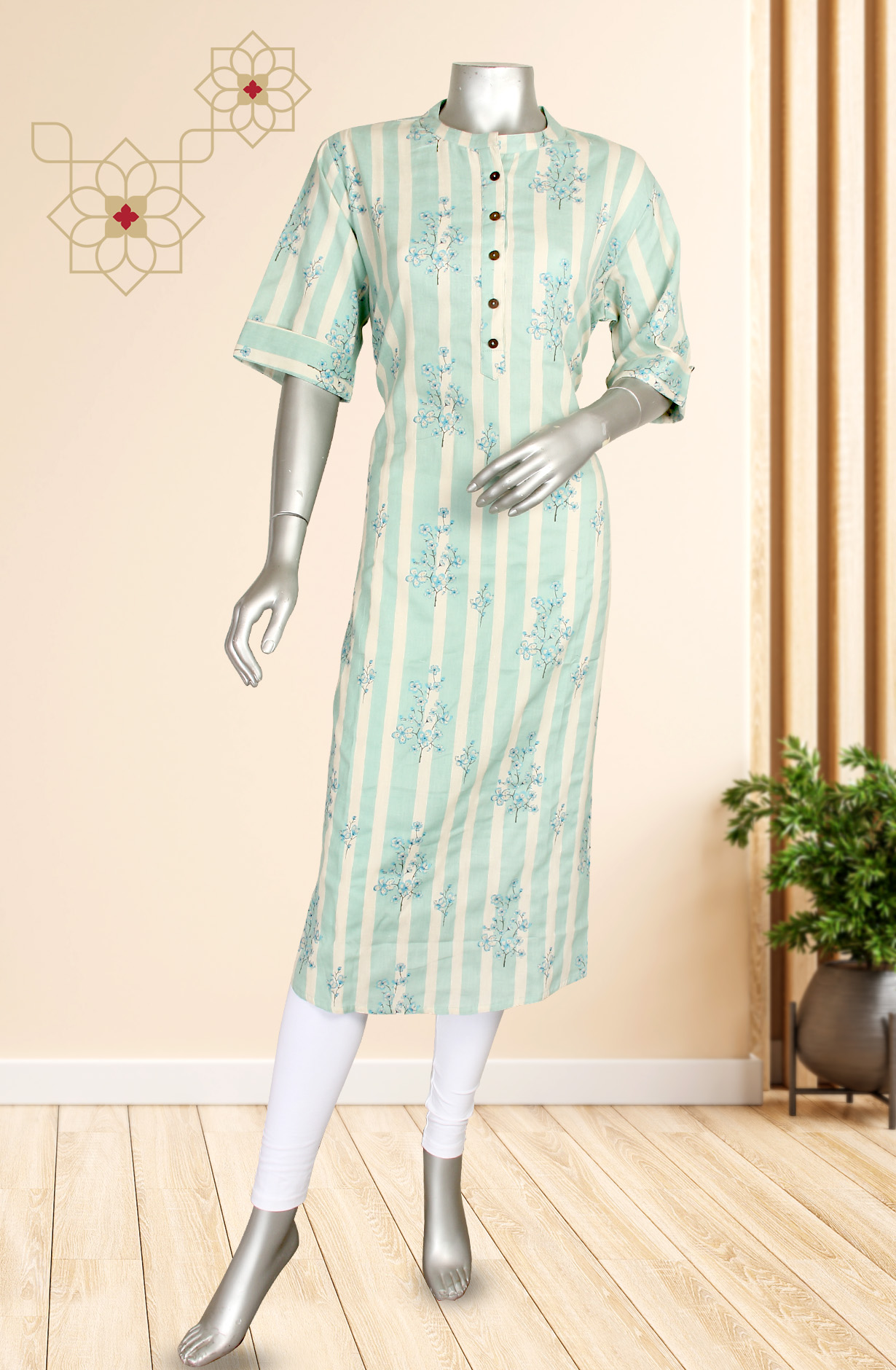 Sea Green Women A-Line Printed Cotton Kurti - R180-CHAKOR-B