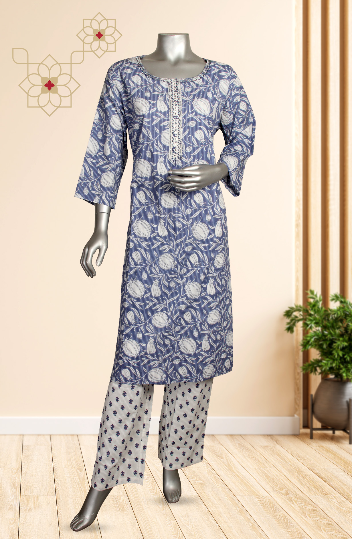 Pastel Blue Printed Cotton Kurti with Pants - R180-CHAYA