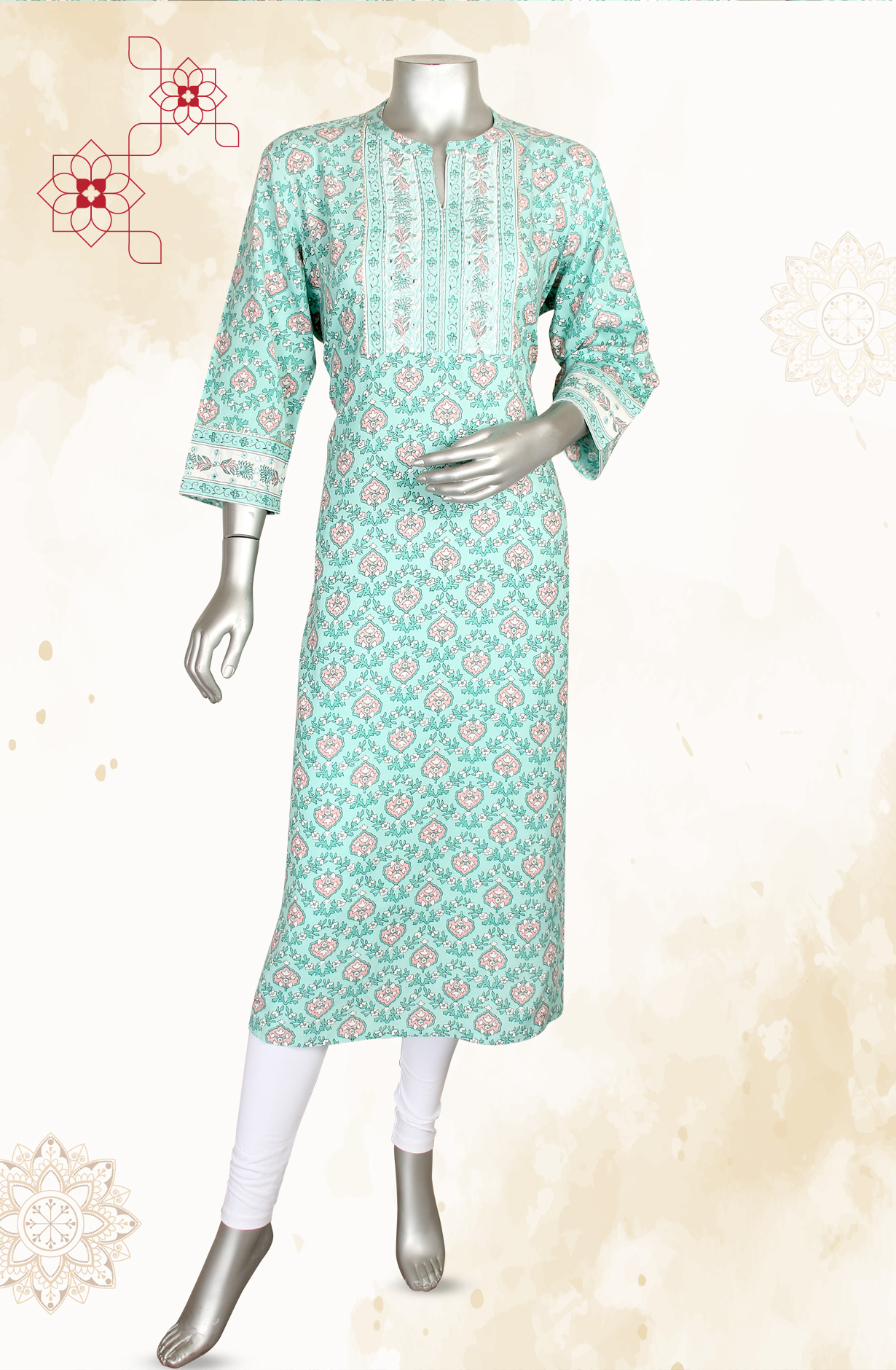 Sea Green A-Line Printed Cotton Kurti - R180-DAMRU