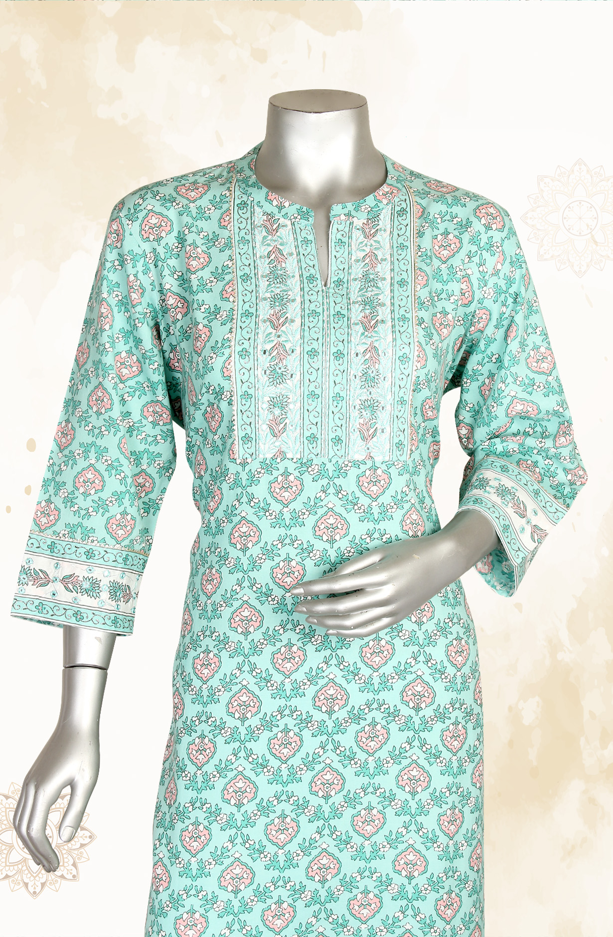 Sea Green A-Line Printed Cotton Kurti - R180-DAMRU