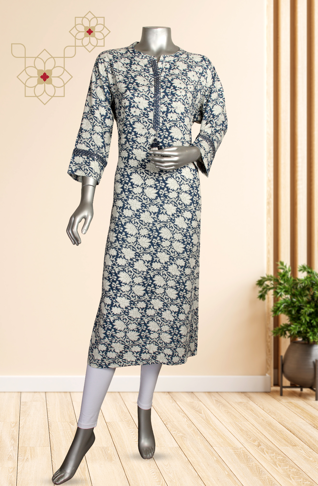 Grey and Blue Printed Cotton Kurti - R180-EKTA-10A