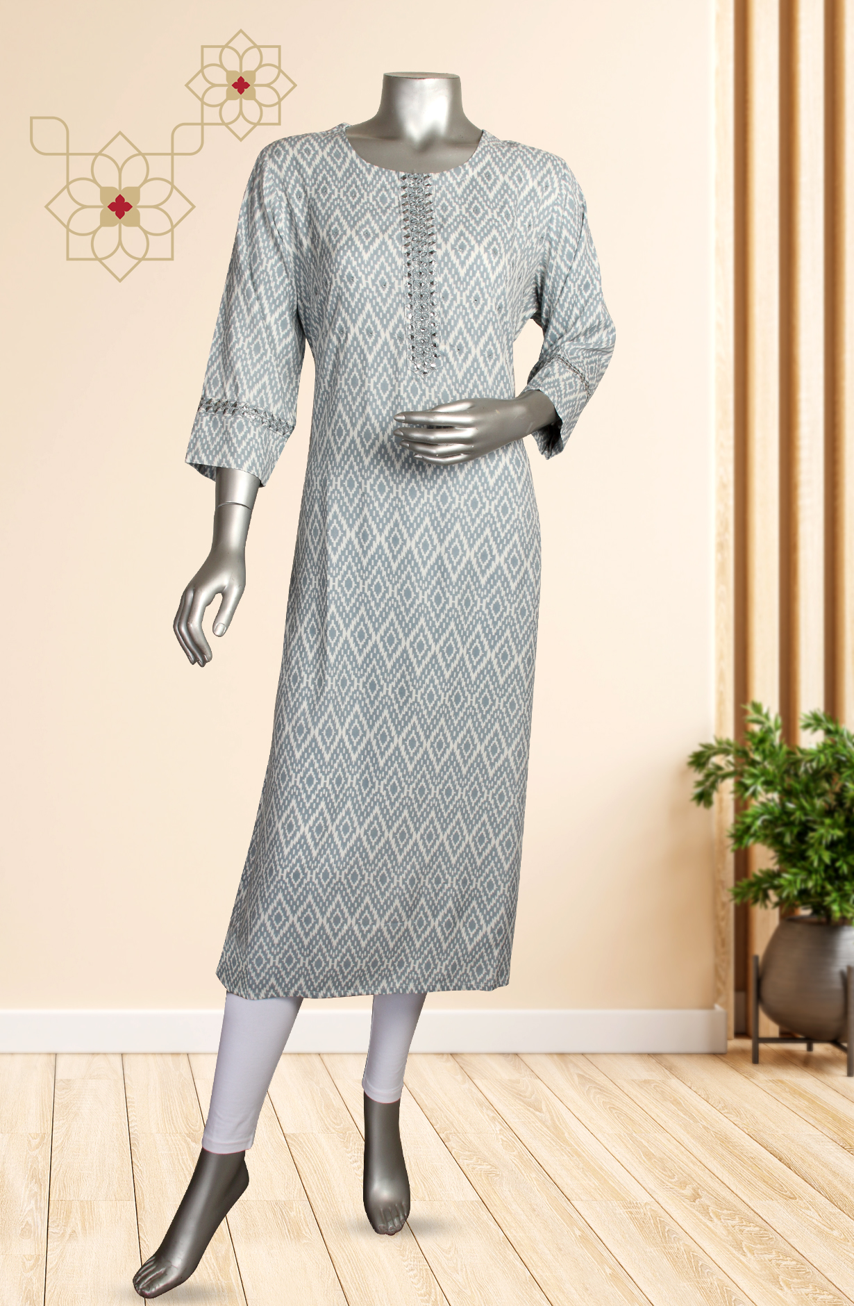 Grey and White Printed Cotton Kurti - R180-EKTA-11B