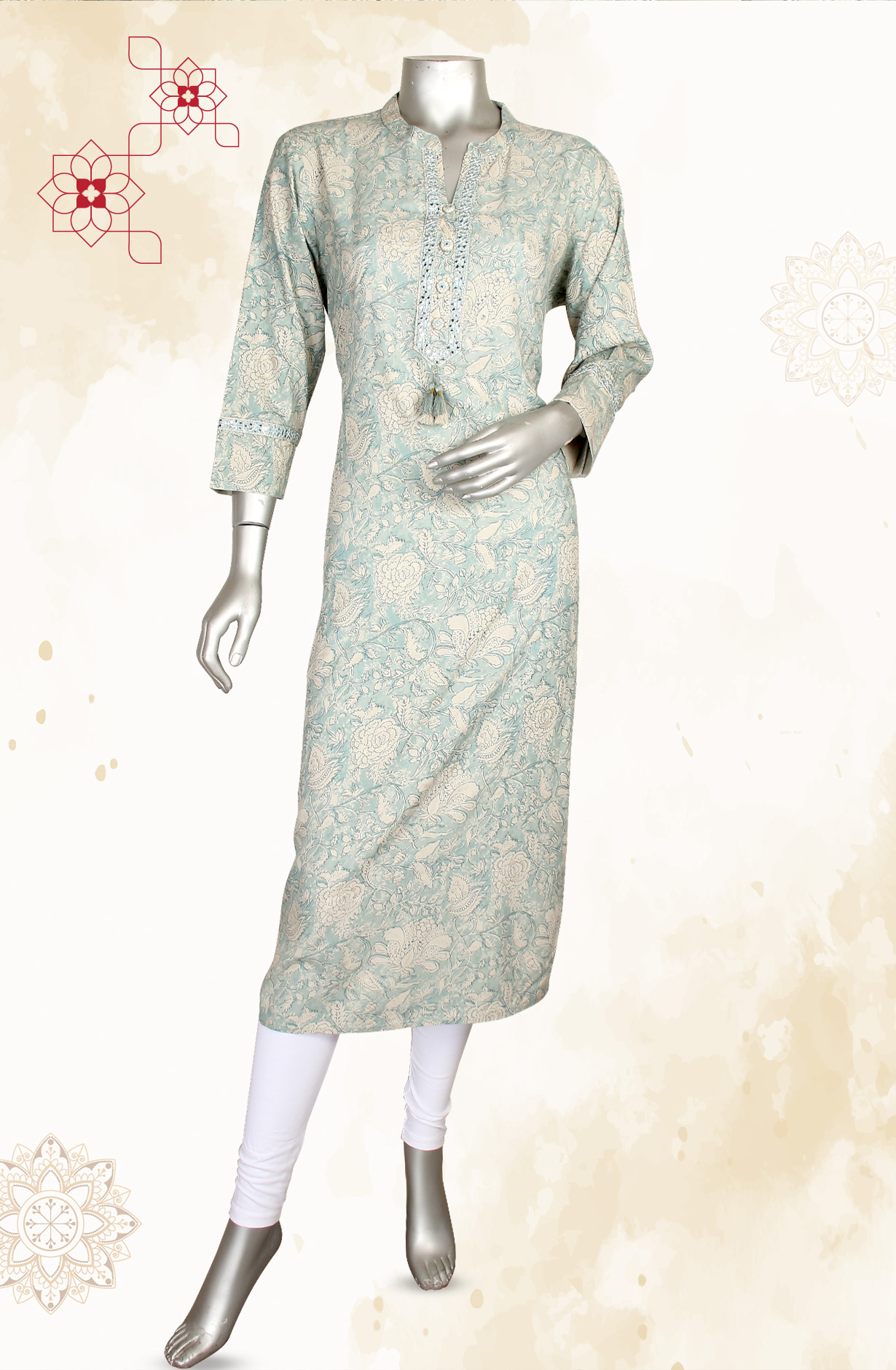 Pastel Green and Beige A-Line Printed Cotton Kurti - R180-HANIYA
