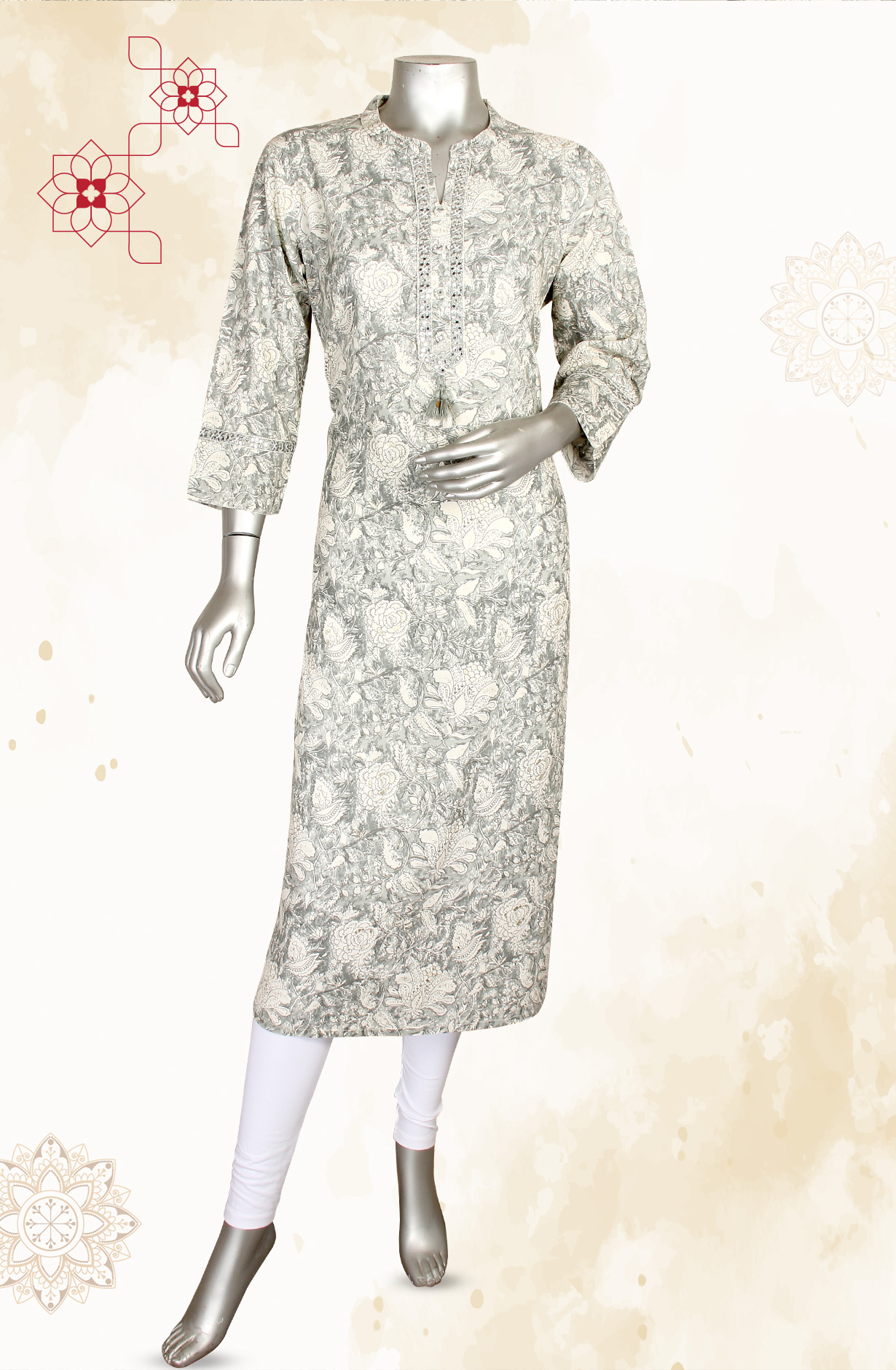 Pastel Grey and Beige A-Line Printed Cotton Kurti - R180-HANIYA-A