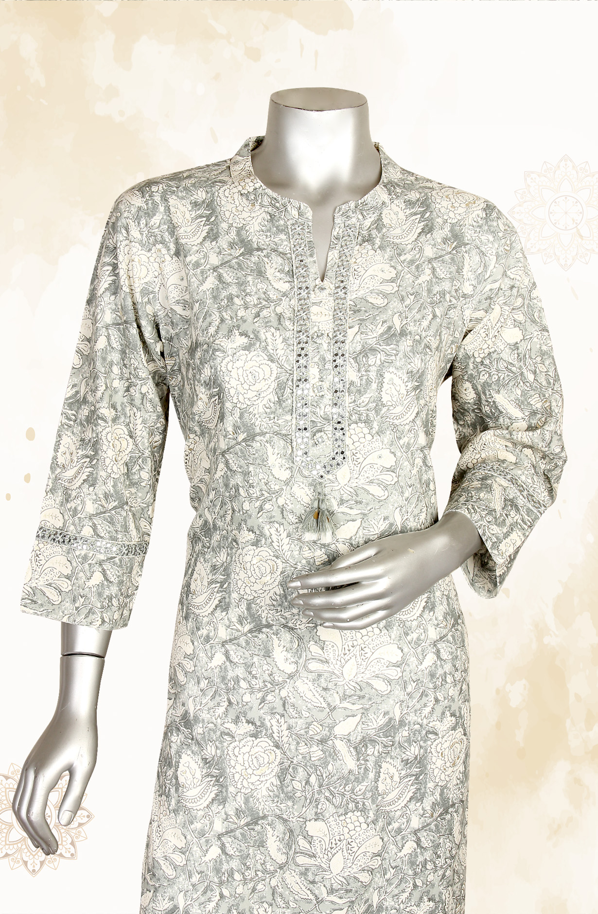 Pastel Grey and Beige A-Line Printed Cotton Kurti - R180-HANIYA-A