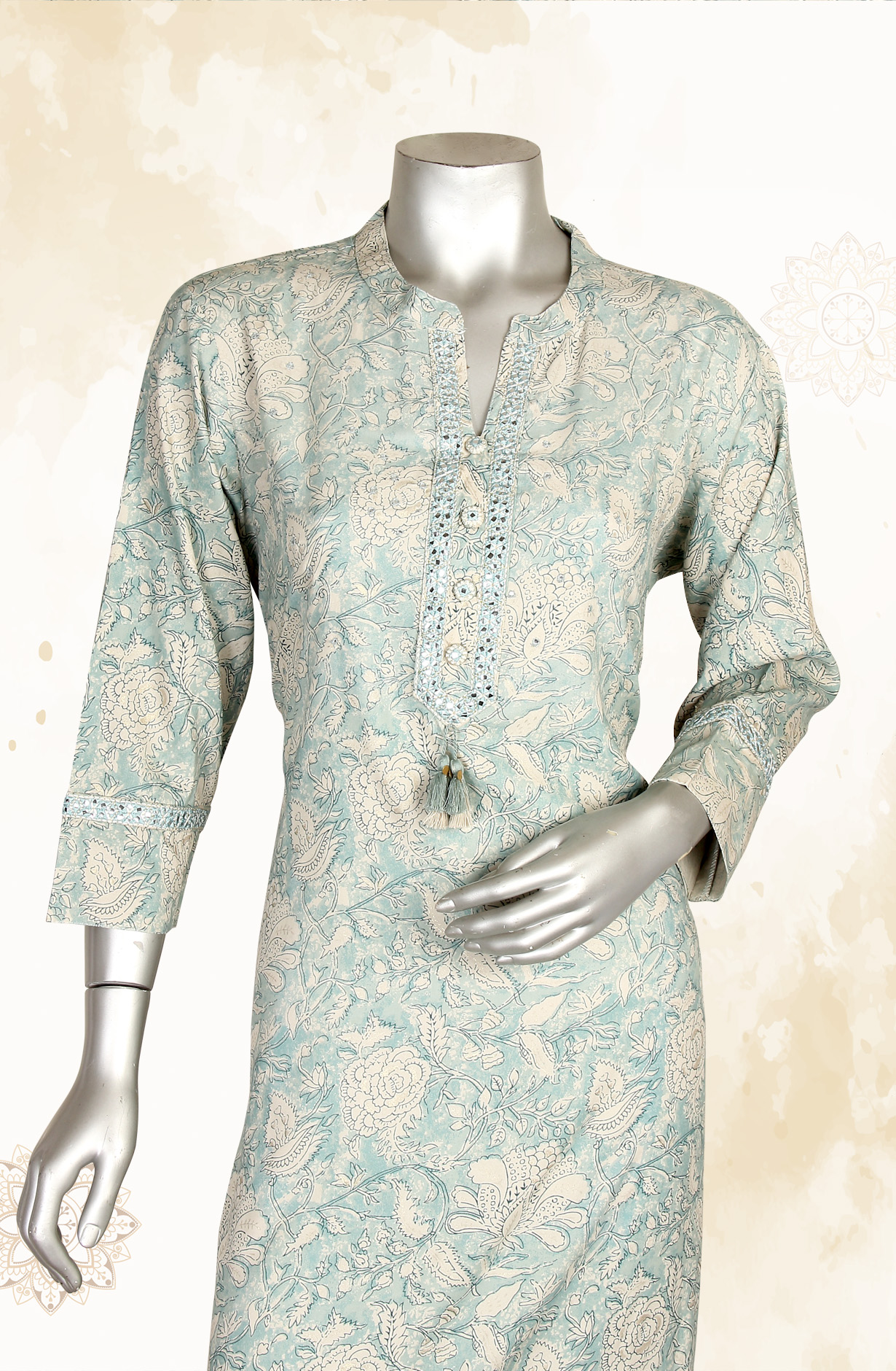 Pastel Green and Beige A-Line Printed Cotton Kurti - R180-HANIYA
