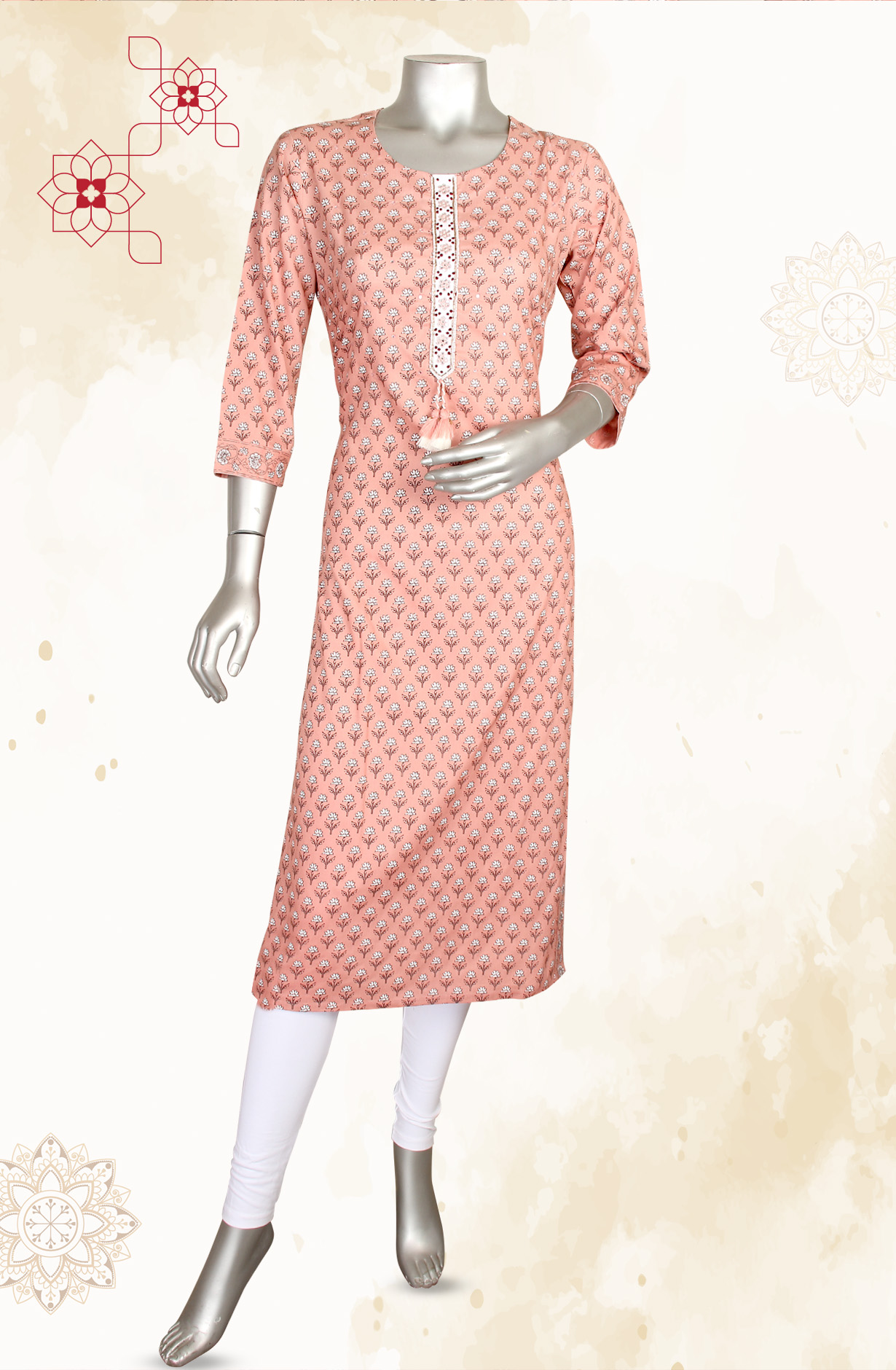 Pink A-Line Printed Handloom Cotton Kurti - R180-KALI-A