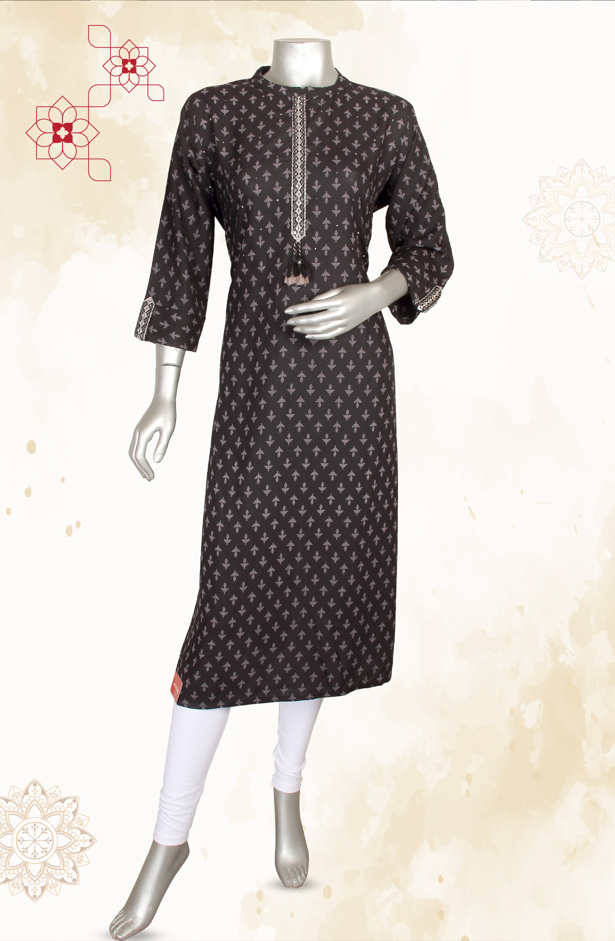 Black Women A-Line Printed Cotton Kurti - R180-NAVI-1A
