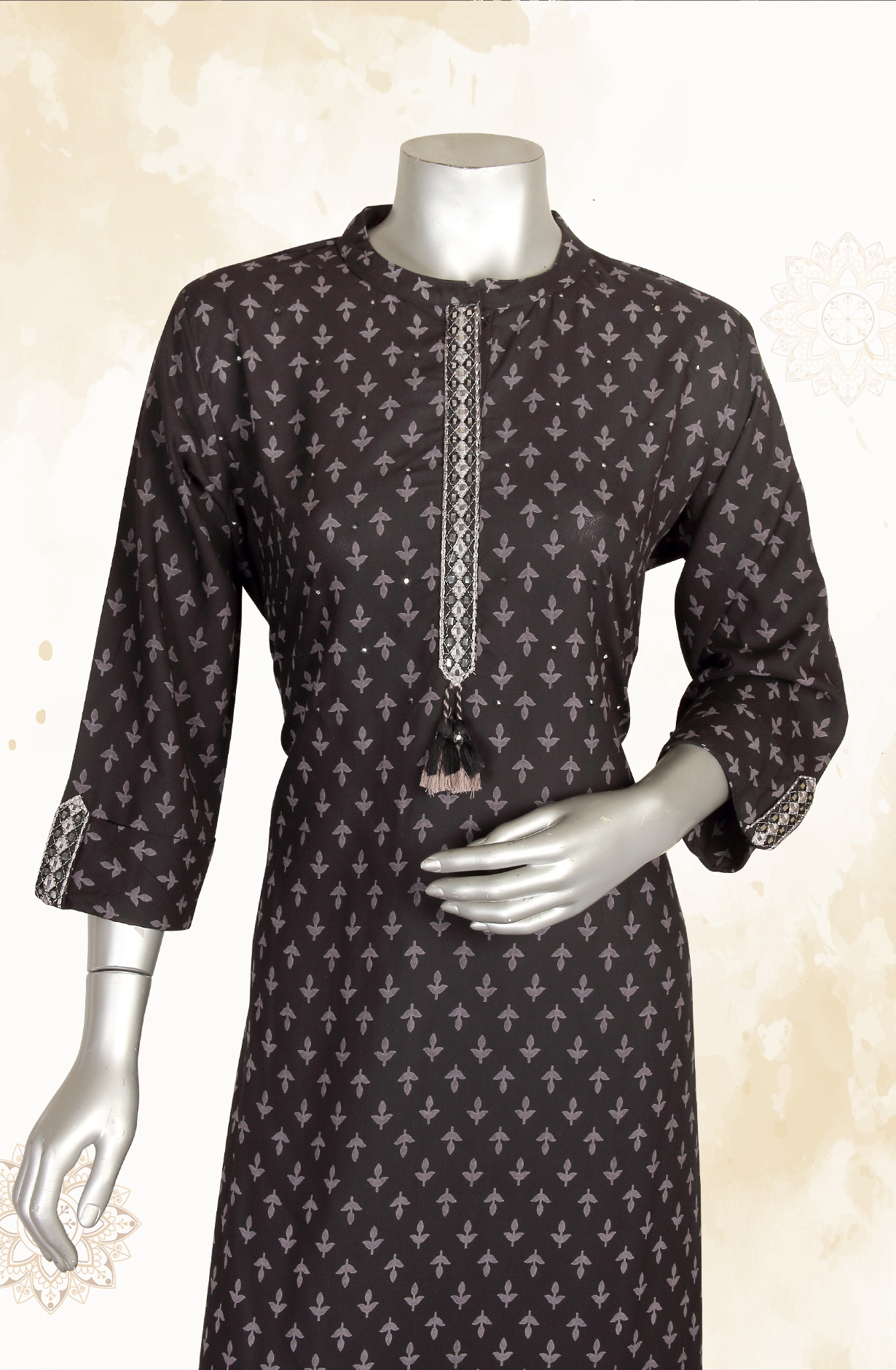 Black Women A-Line Printed Cotton Kurti - R180-NAVI-1A