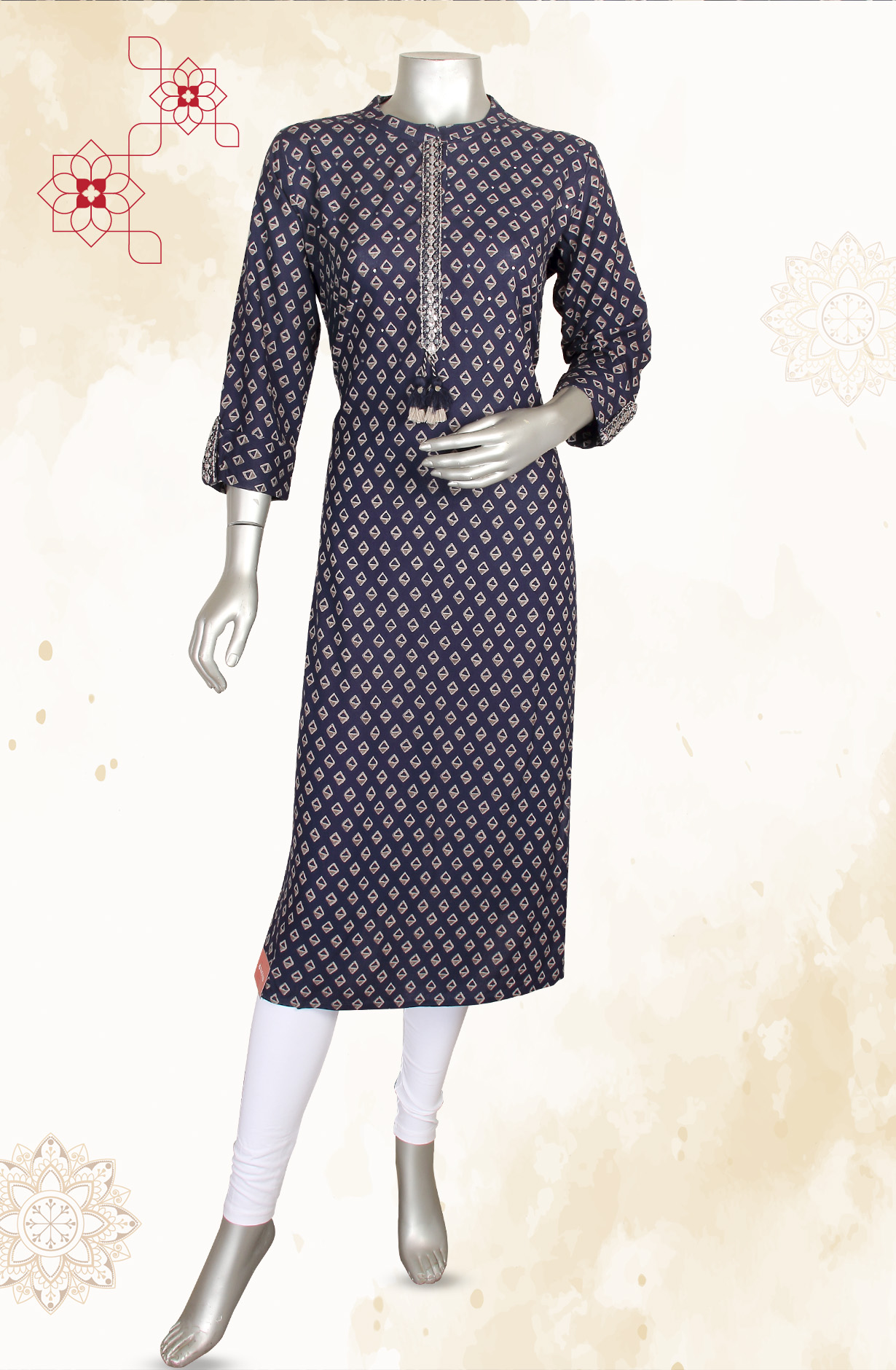 Blue Women A-Line Printed Cotton Kurti - R180-NAVI