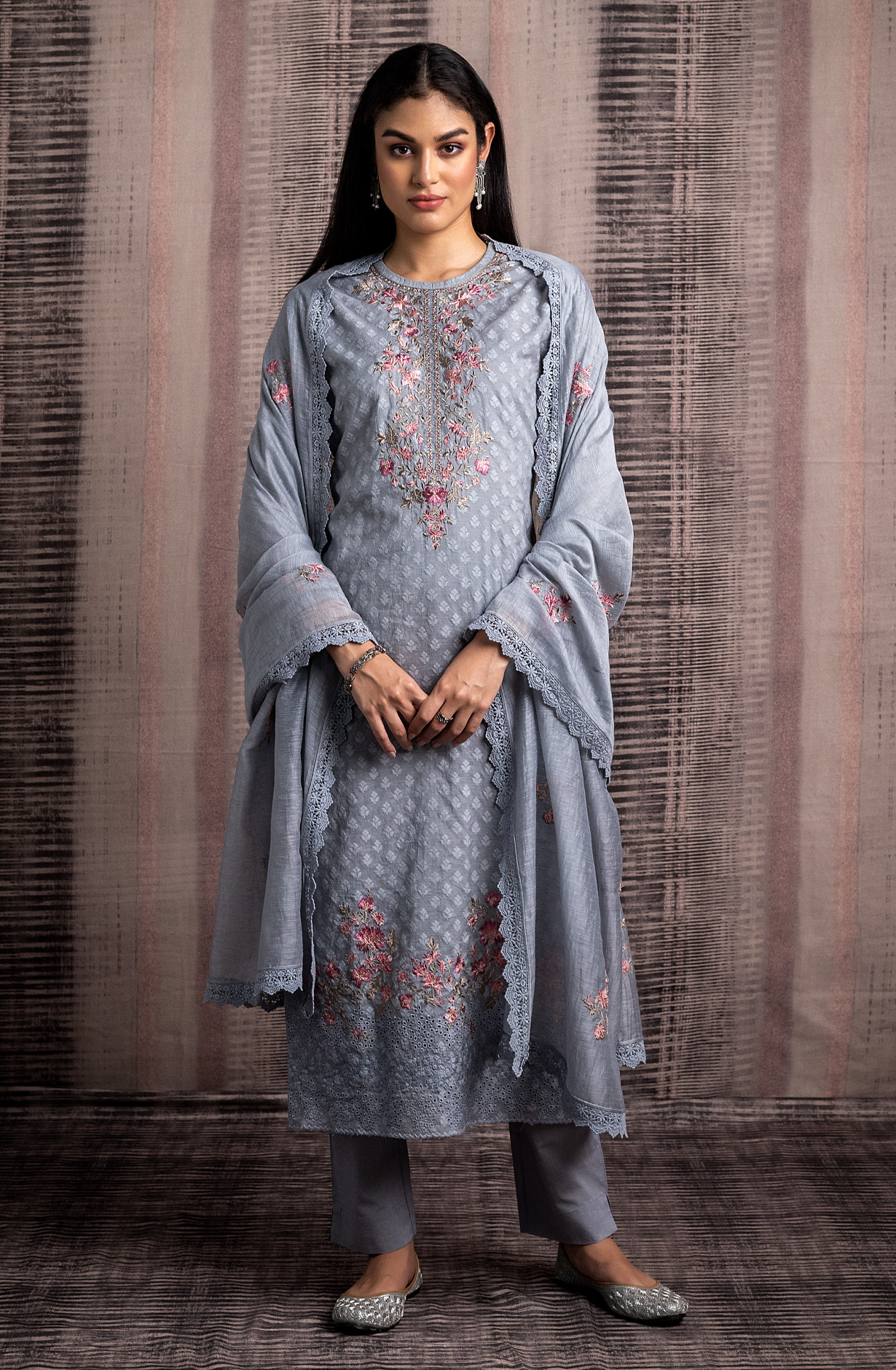 Grey Chanderi Cotton Unstitched Beautiful Embroidered Salwar Kameez - RAA1950C