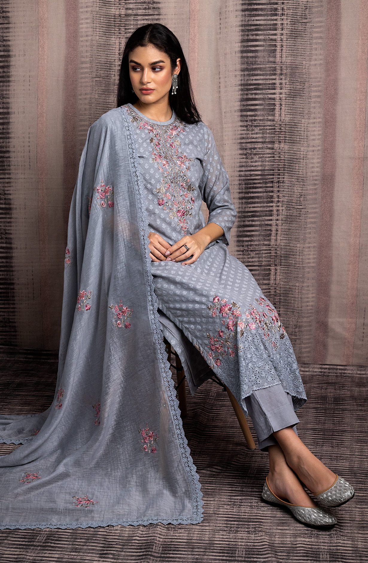 Grey Chanderi Cotton Unstitched Beautiful Embroidered Salwar Kameez - RAA1950C