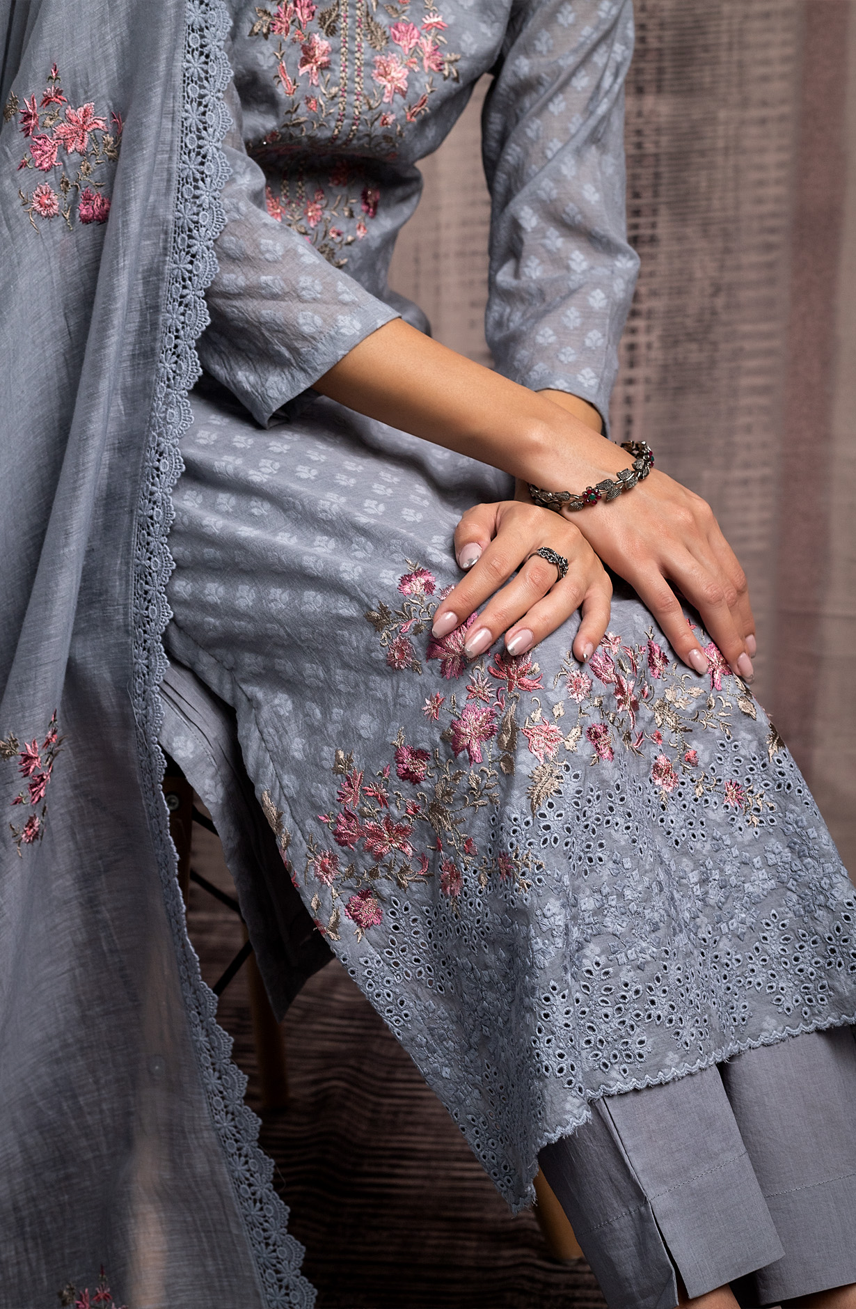 Grey Chanderi Cotton Unstitched Beautiful Embroidered Salwar Kameez - RAA1950C