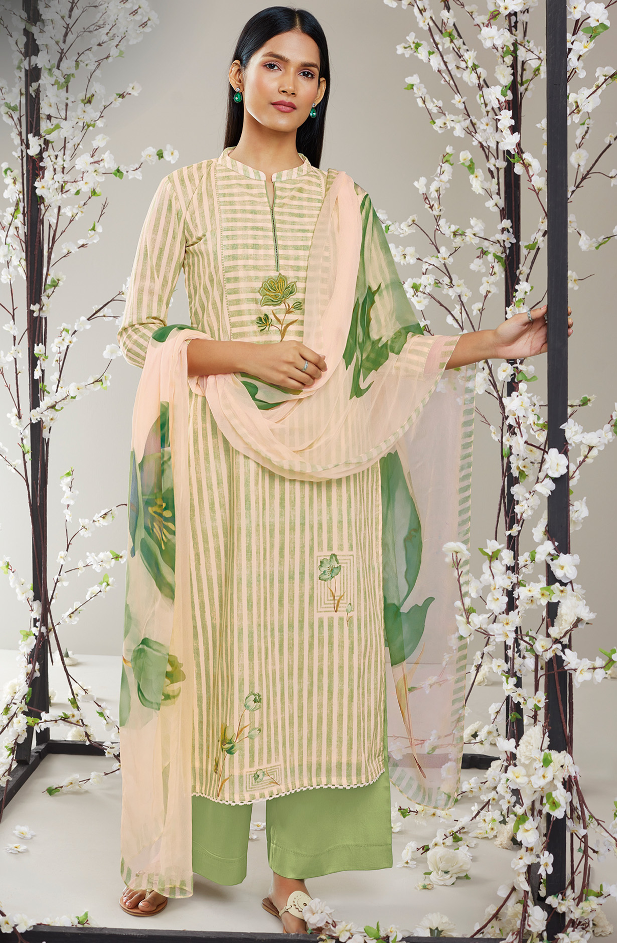 Beige Green Cotton Digital Printed Suit-sets with Chiffon Dupatta - RABS0929A