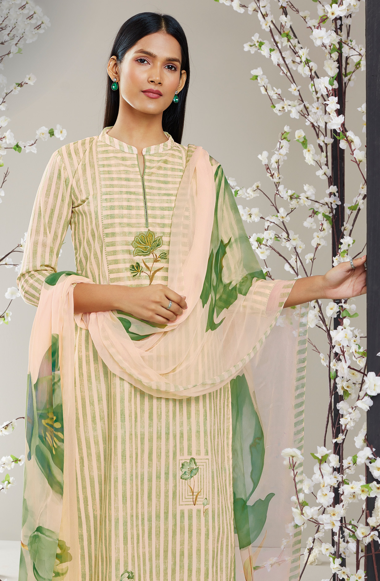 Beige Green Cotton Digital Printed Suit-sets with Chiffon Dupatta - RABS0929A