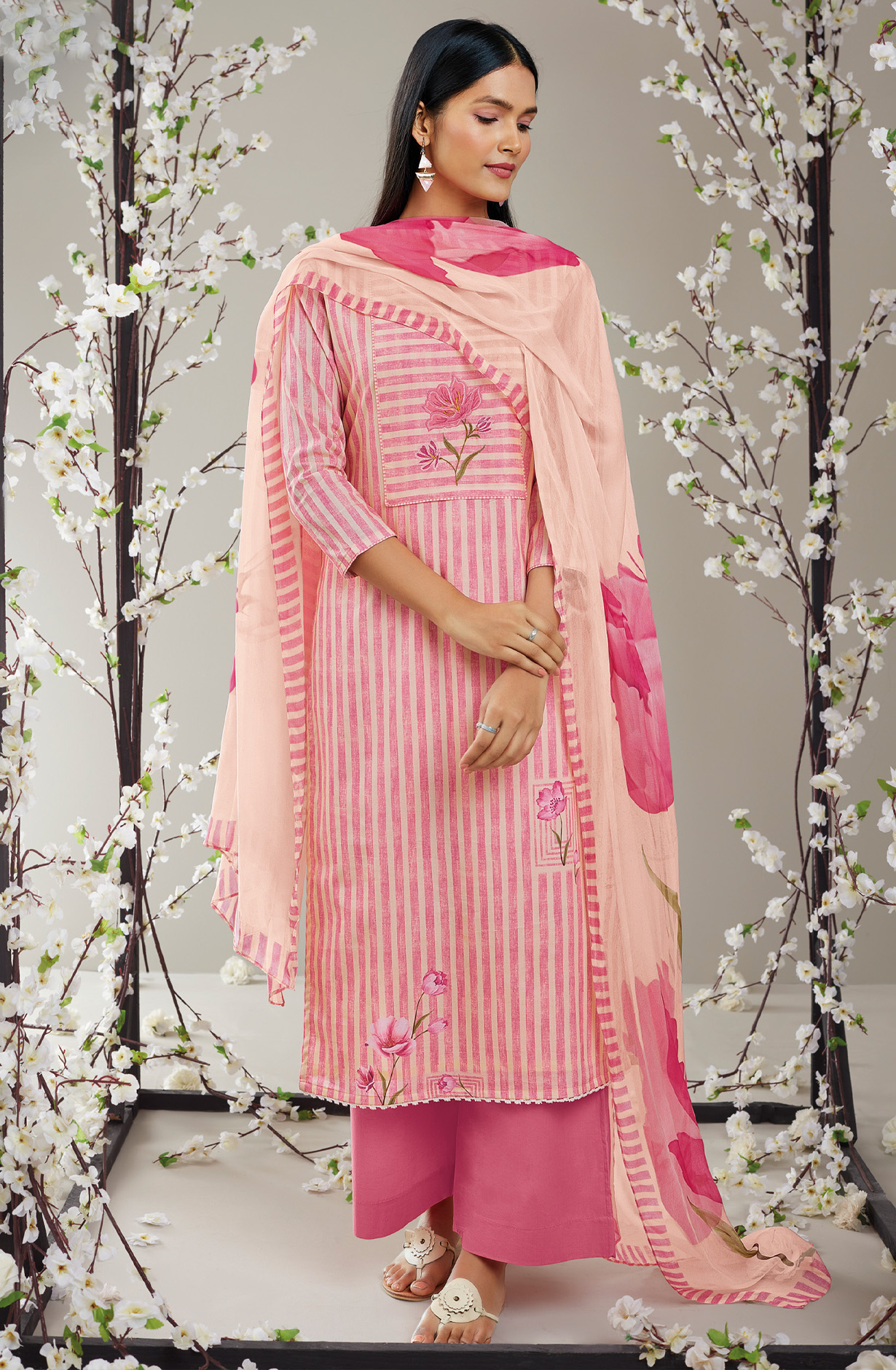 Beige Pink Cotton Digital Printed Suit-sets with Chiffon Dupatta - RABS0929B