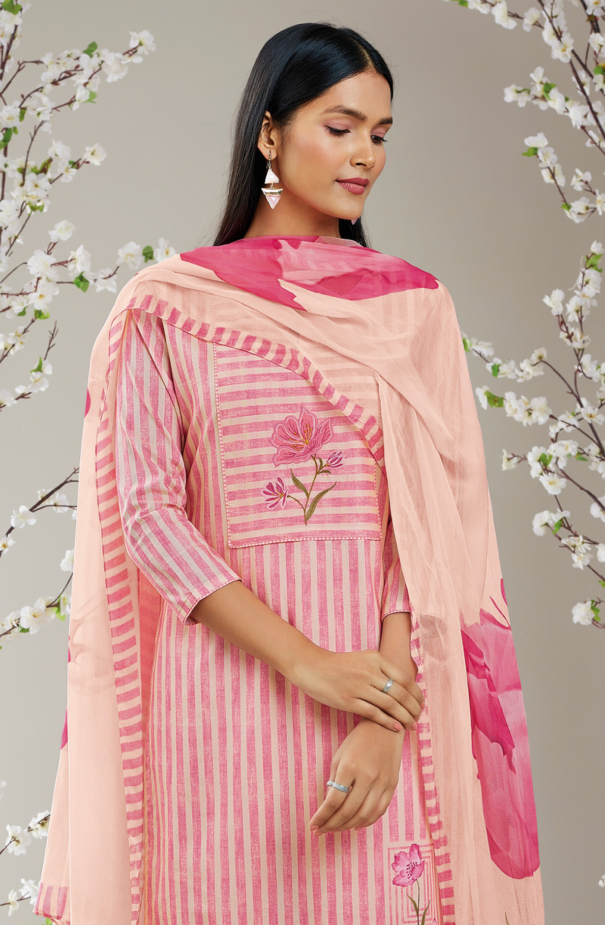 Beige Pink Cotton Digital Printed Suit-sets with Chiffon Dupatta - RABS0929B