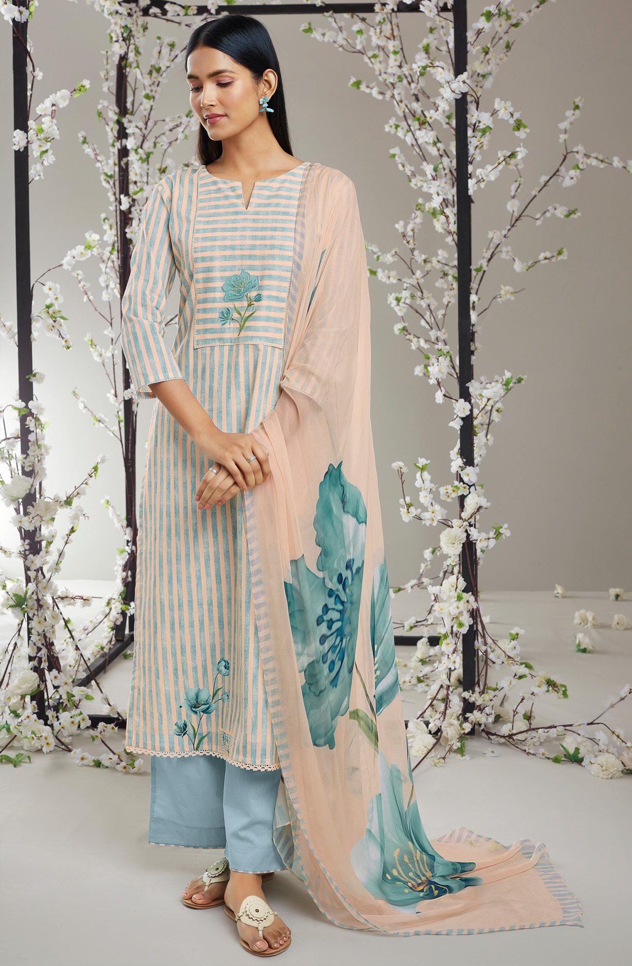 Beige Sea Green Cotton Digital Printed Suit-sets with Chiffon Dupatta - RABS0929C