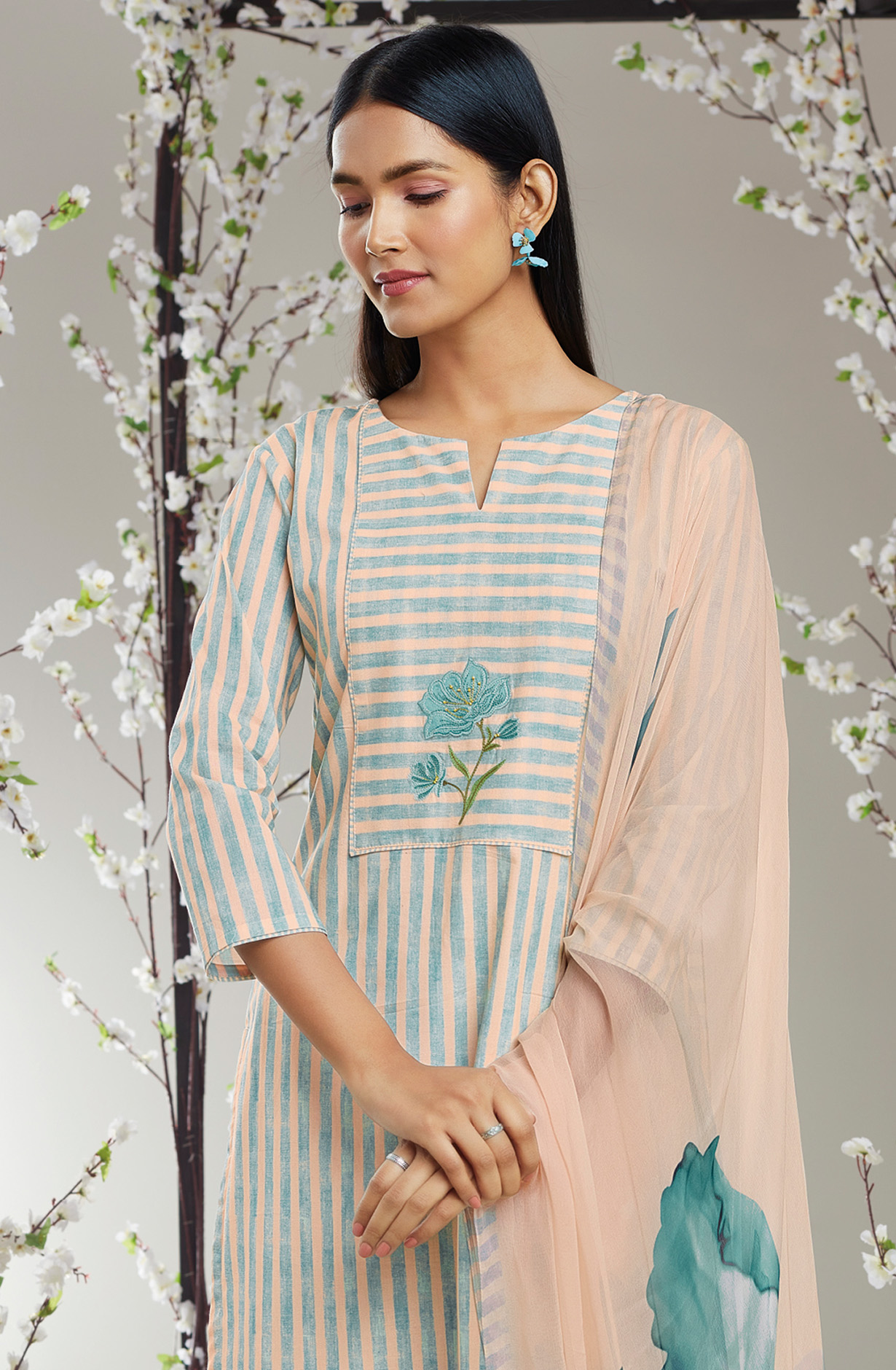 Beige Sea Green Cotton Digital Printed Suit-sets with Chiffon Dupatta - RABS0929C