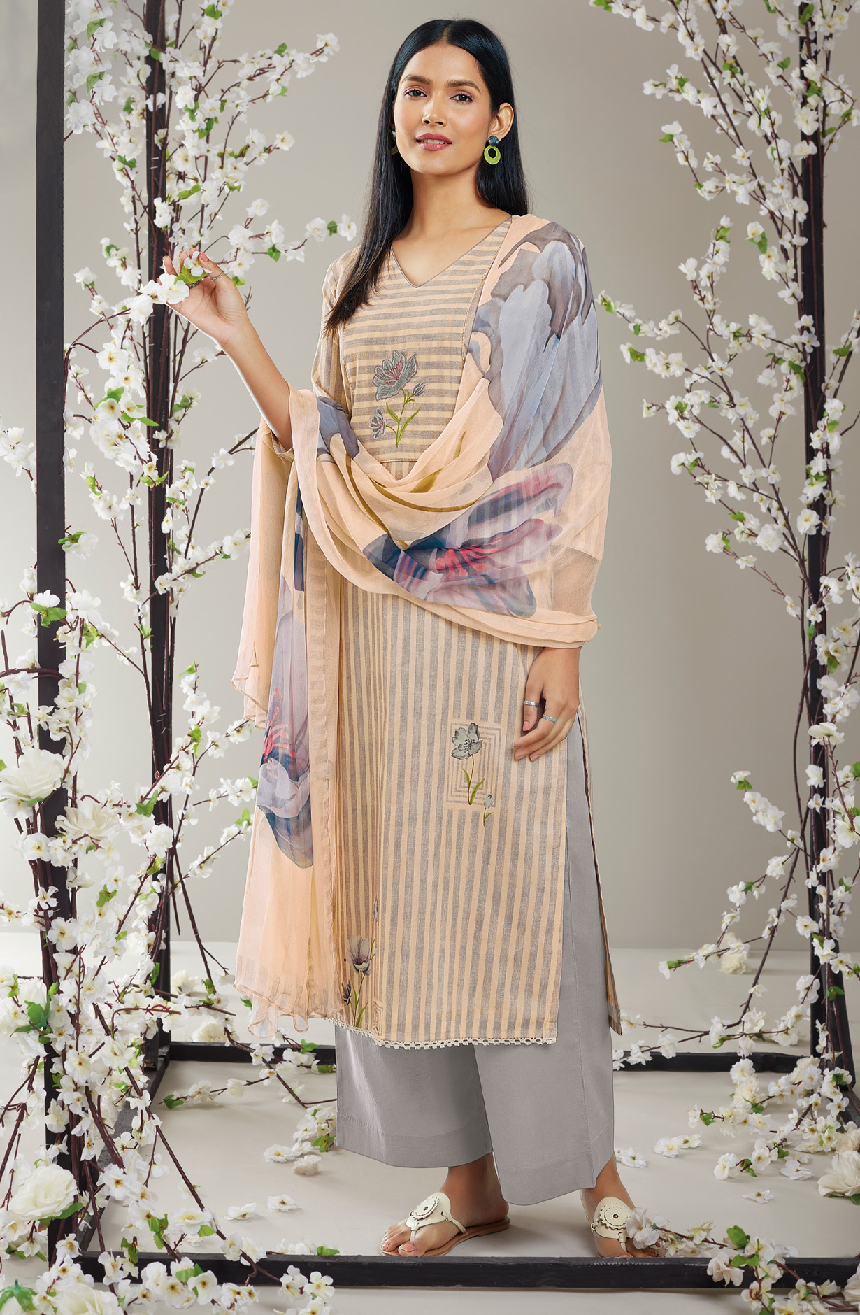 Beige Grey Cotton Digital Printed Suit-sets with Chiffon Dupatta - RABS0929D