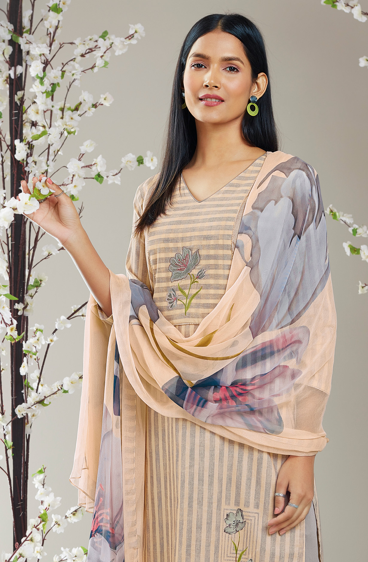 Beige Grey Cotton Digital Printed Suit-sets with Chiffon Dupatta - RABS0929D