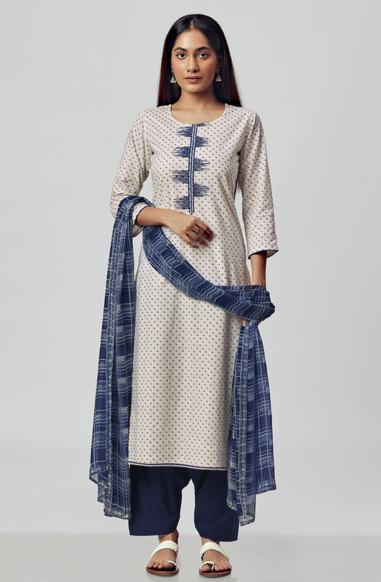 Cream Blue Pure Cotton Digital Printed Suit-sets with Chiffon Dupatta - RABS1531A