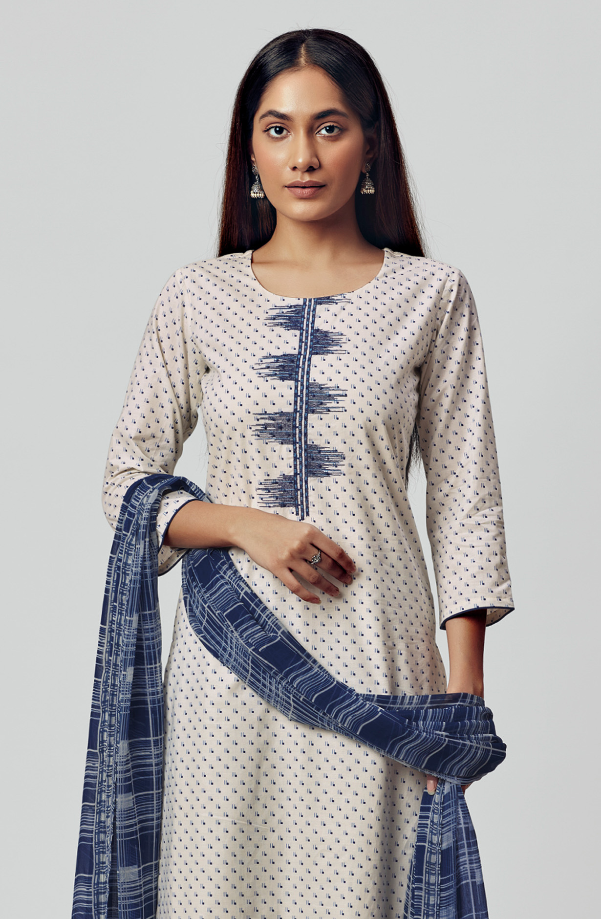 Cream Blue Pure Cotton Digital Printed Suit-sets with Chiffon Dupatta - RABS1531A