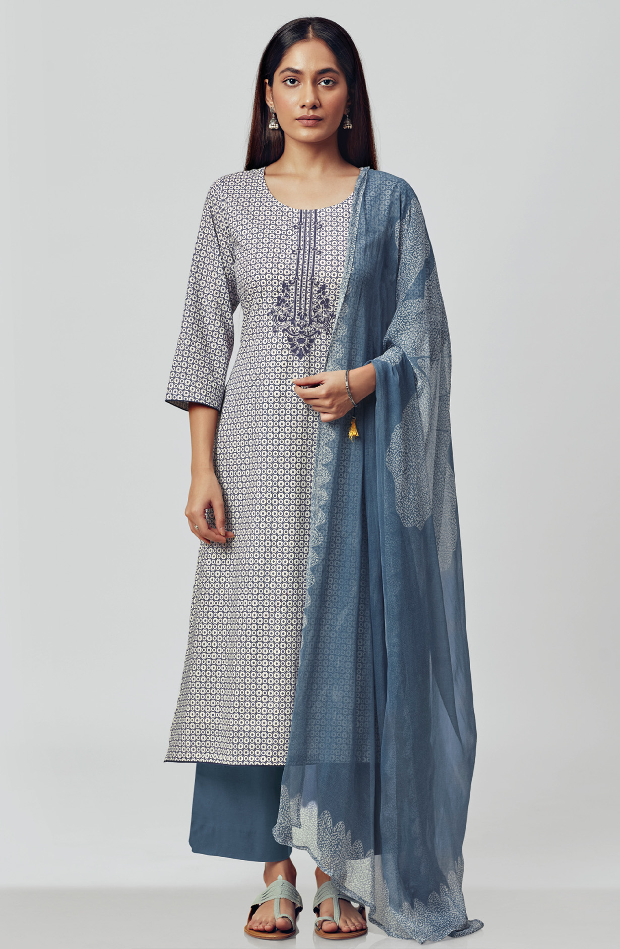 Off-White Grey Pure Cotton Digital Printed Suit-sets with Chiffon Dupatta - RABS1531B