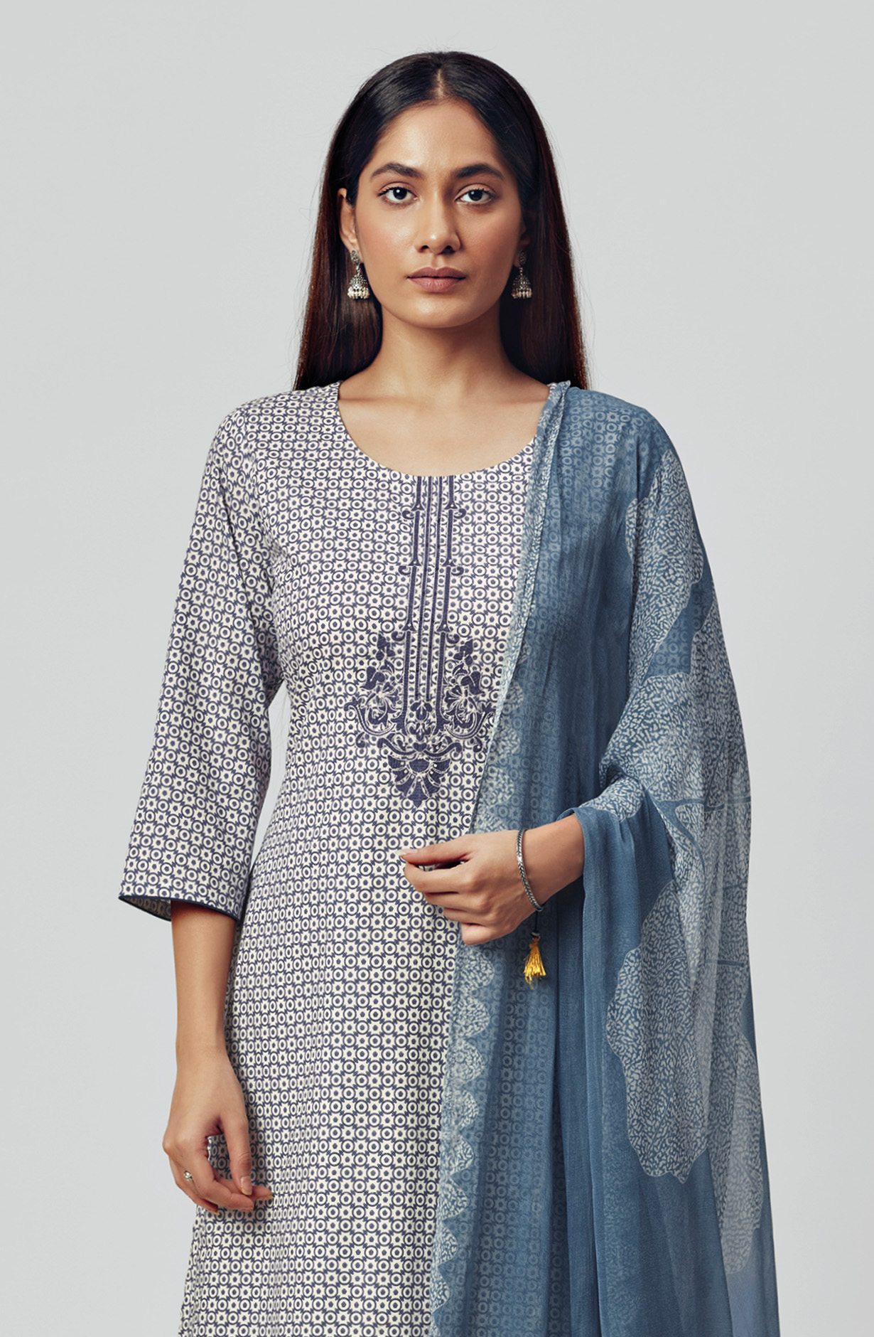 Off-White Grey Pure Cotton Digital Printed Suit-sets with Chiffon Dupatta - RABS1531B