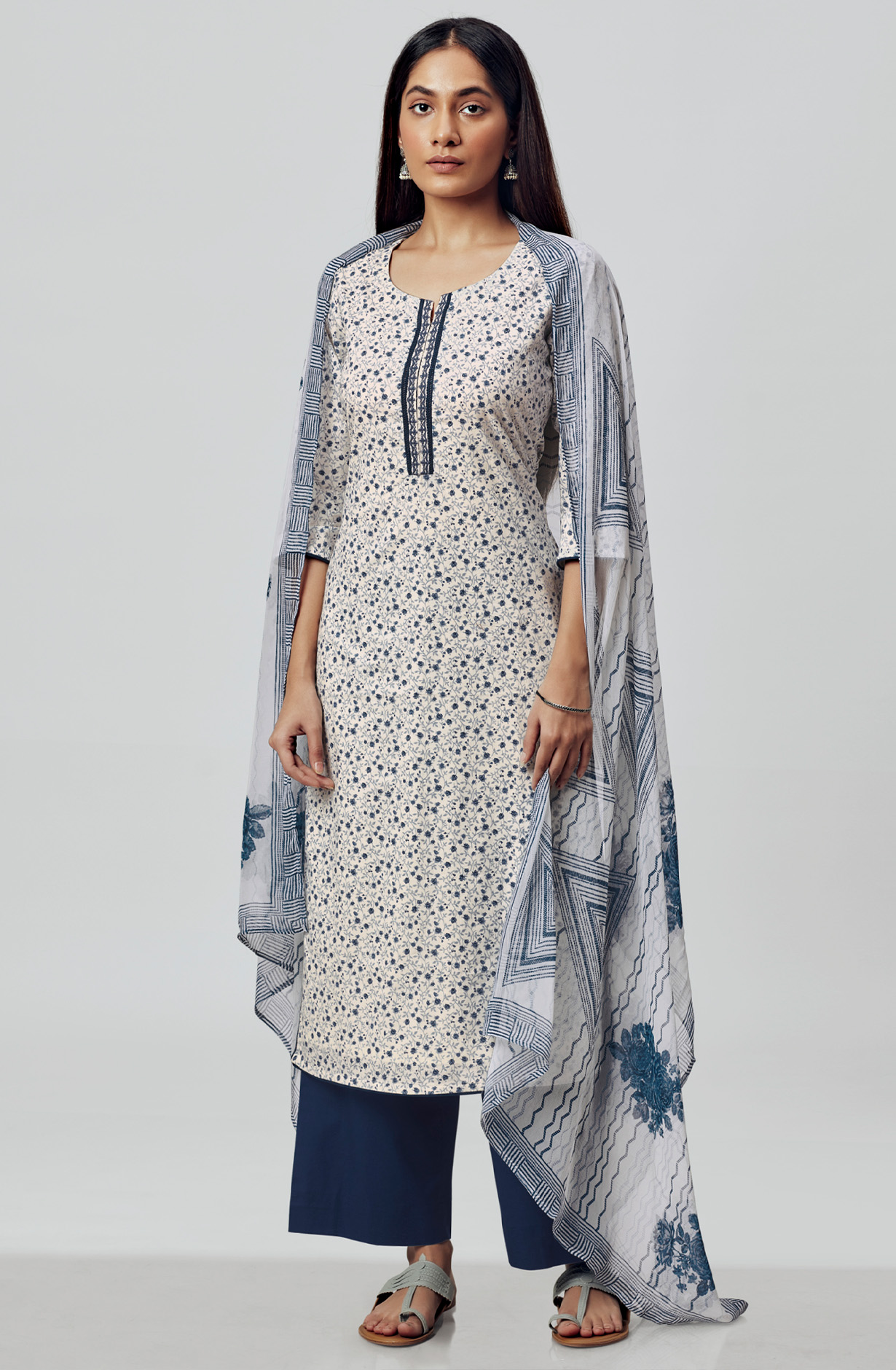 White Blue Pure Cotton Digital Printed Suit-sets with Chiffon Dupatta - RABS1531C