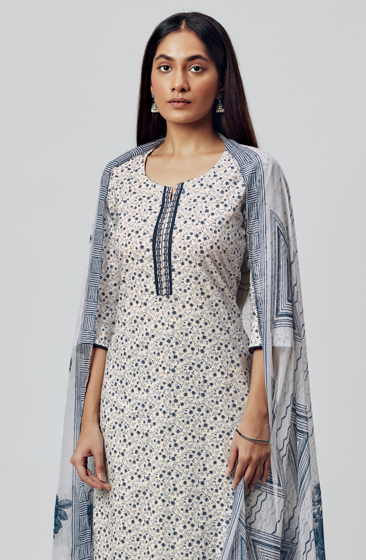 White Blue Pure Cotton Digital Printed Suit-sets with Chiffon Dupatta - RABS1531C