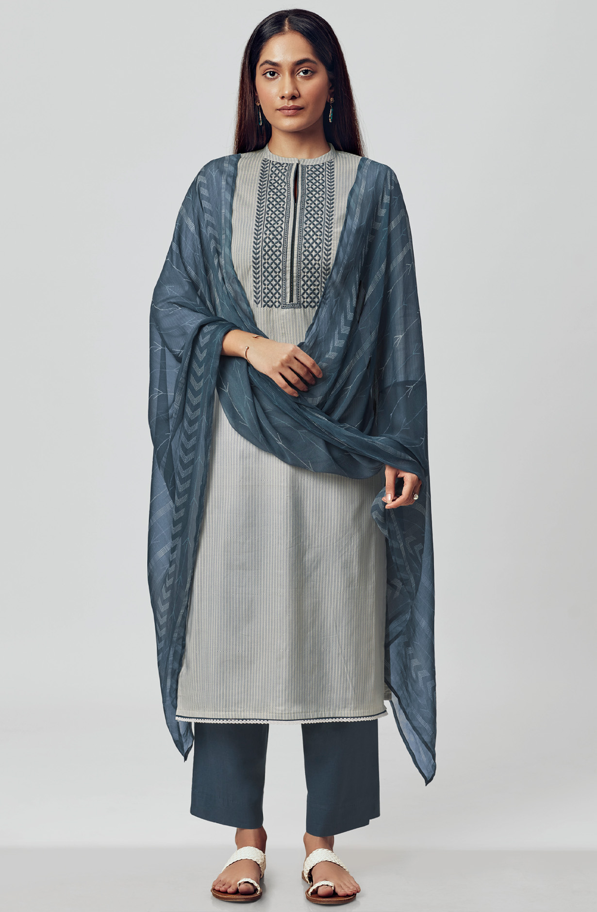 Off-White Grey Pure Cotton Digital Printed Suit-sets with Chiffon Dupatta - RABS1531D