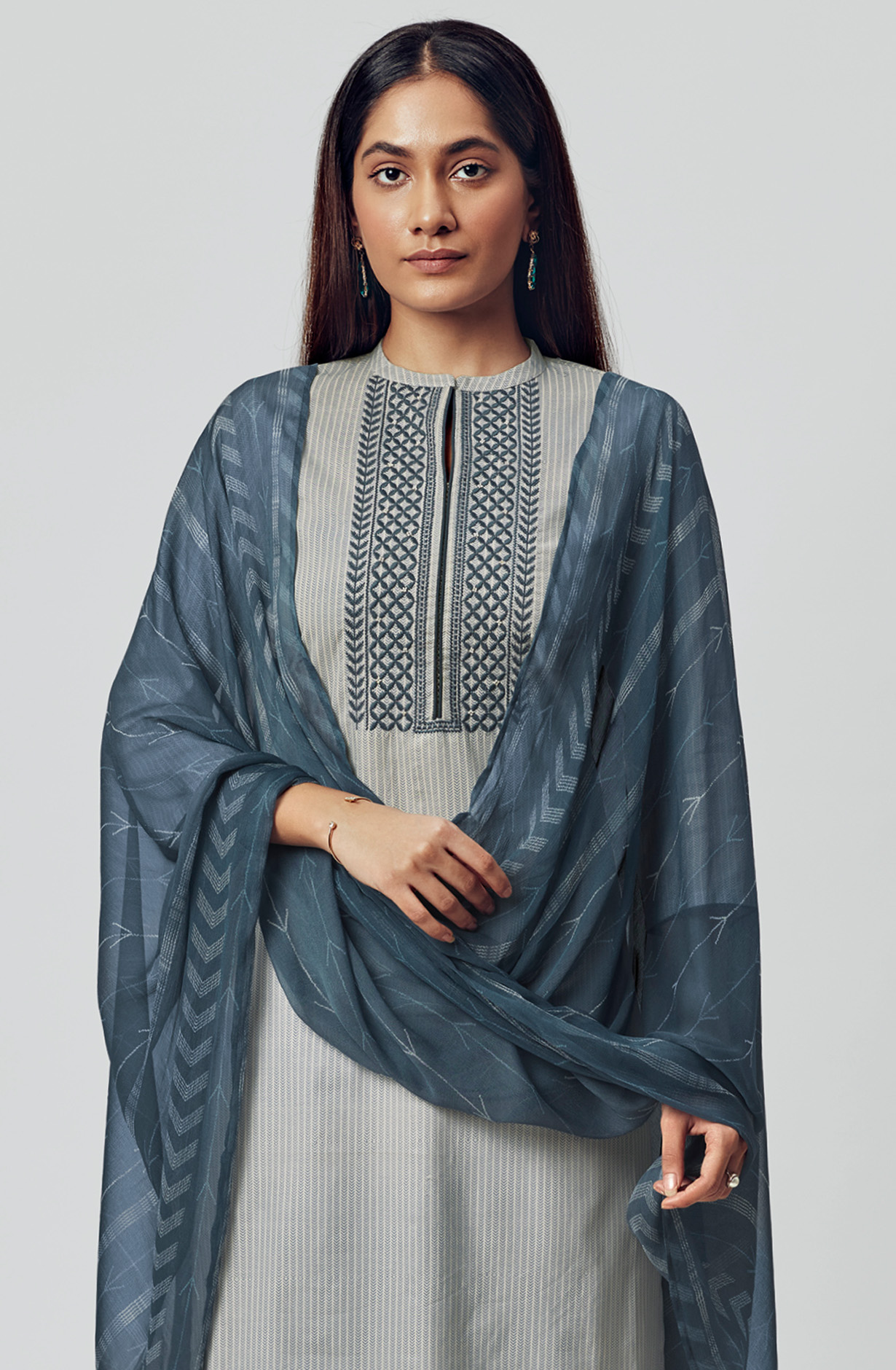 Off-White Grey Pure Cotton Digital Printed Suit-sets with Chiffon Dupatta - RABS1531D