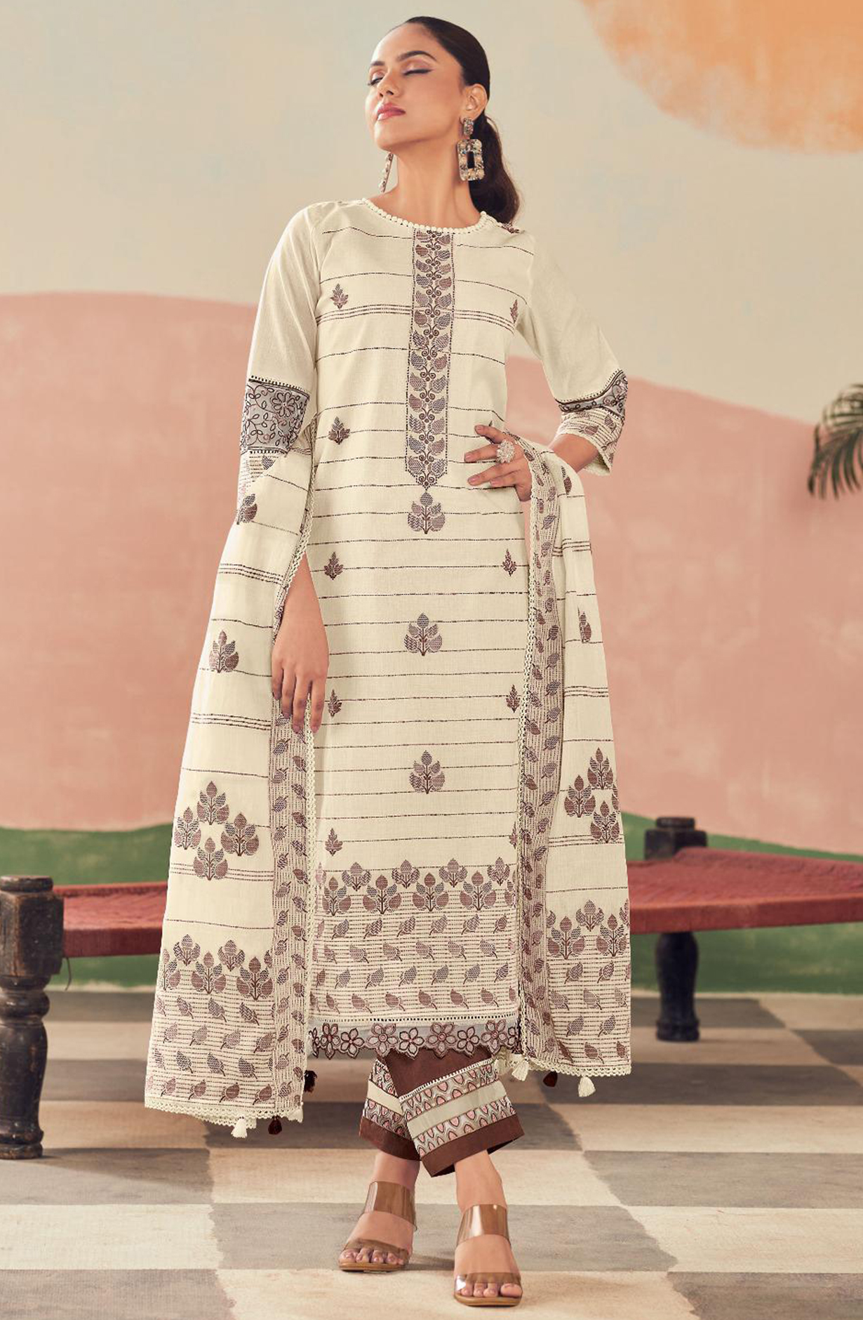 Coffee Pure Cotton Embroidered Suit with Dupatta - RAH10002