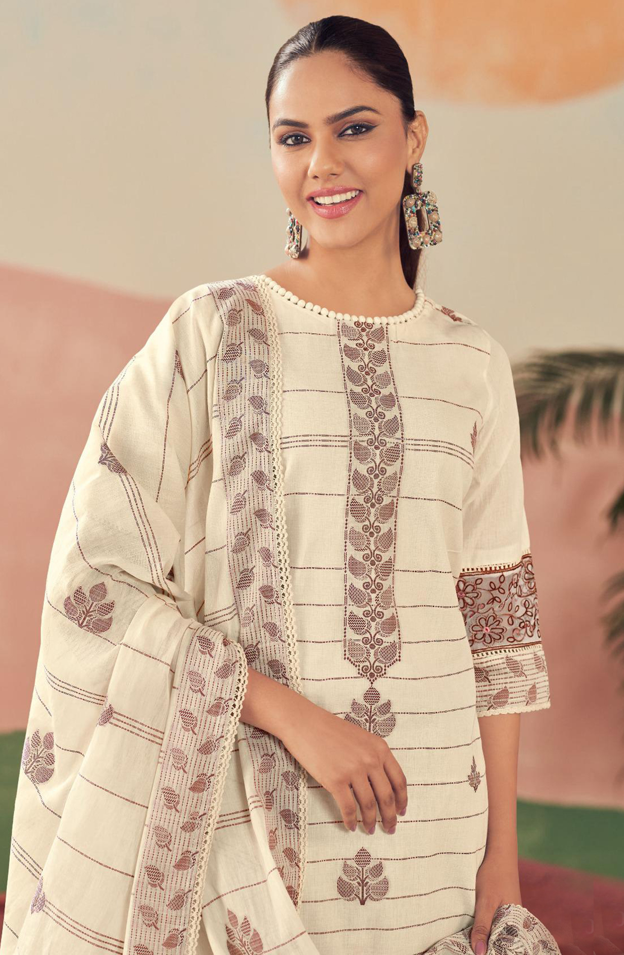 Coffee Pure Cotton Embroidered Suit with Dupatta - RAH10002