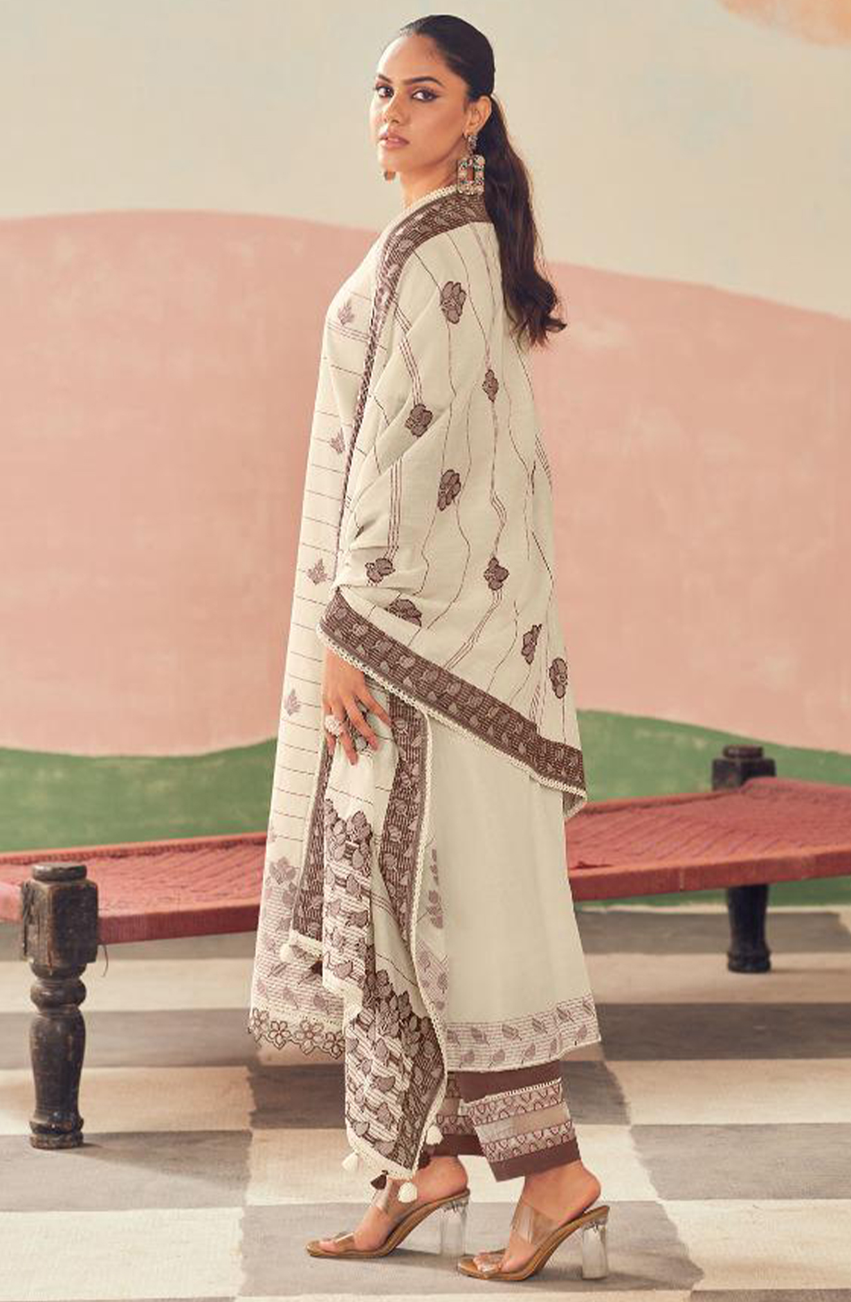 Coffee Pure Cotton Embroidered Suit with Dupatta - RAH10002