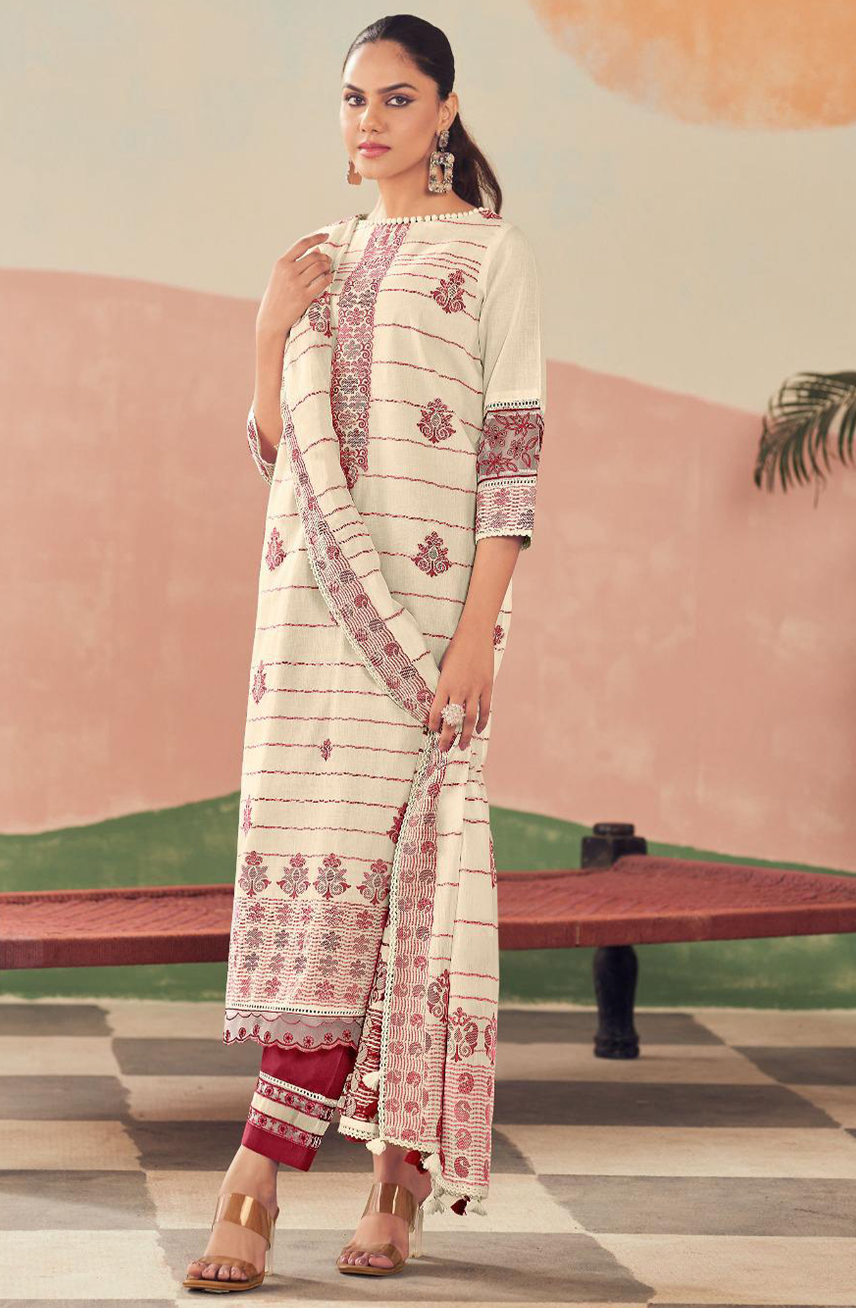Maroon Pure Cotton Embroidered Suit with Dupatta - RAH10003